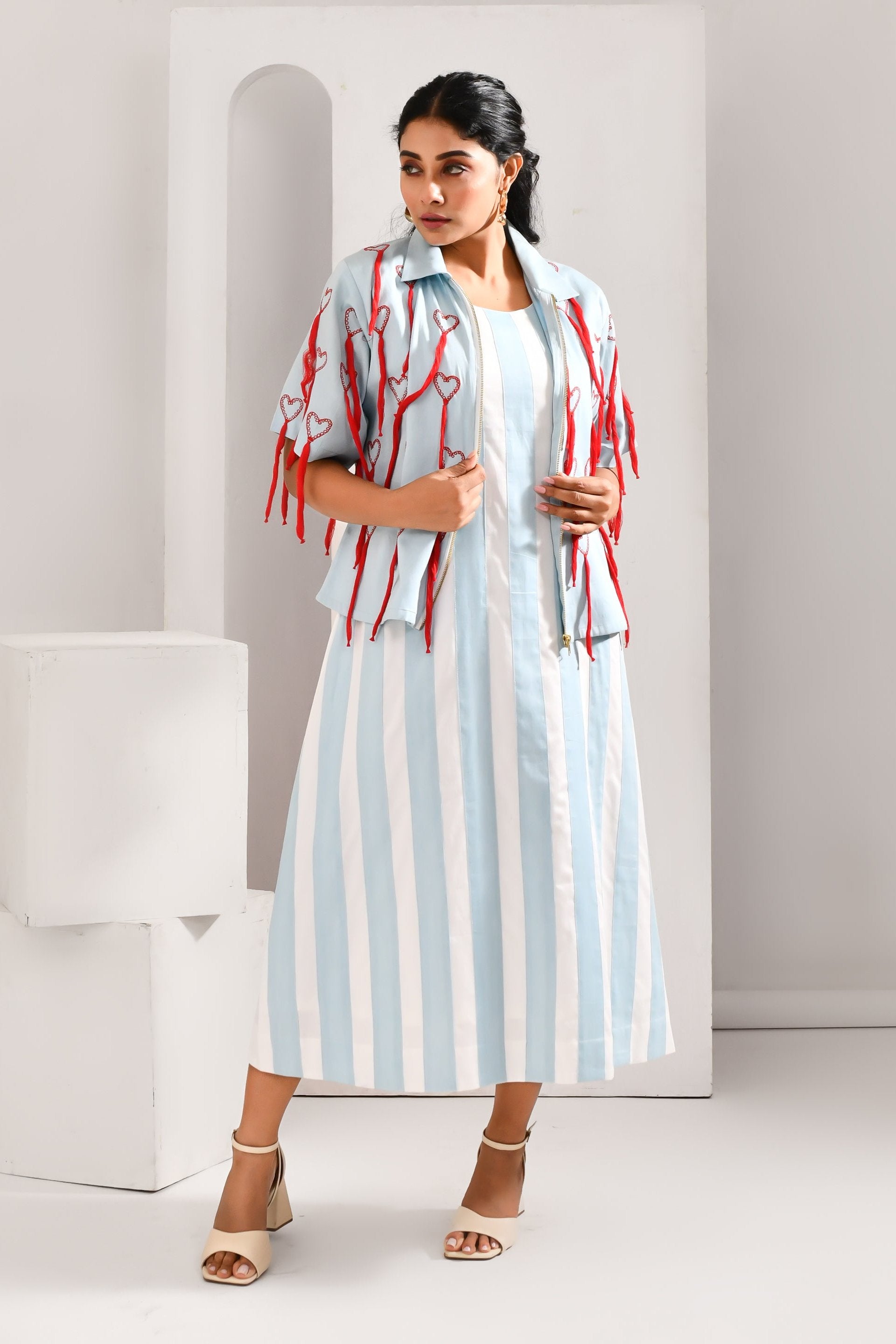 Powder Blue & White Blended Cotton Jacket Style Dress - Golden Muslin