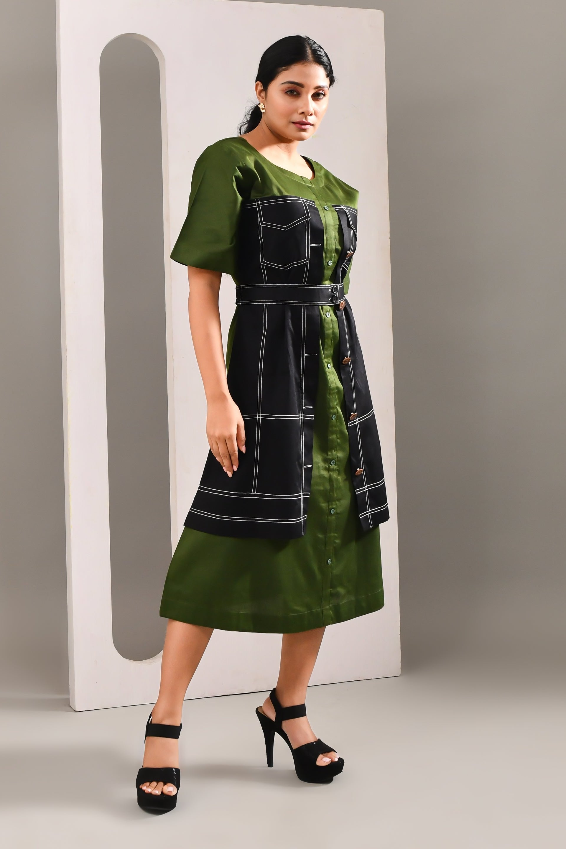 Olive Green & Black Denim Style Blended Cotton Dress - Golden Muslin