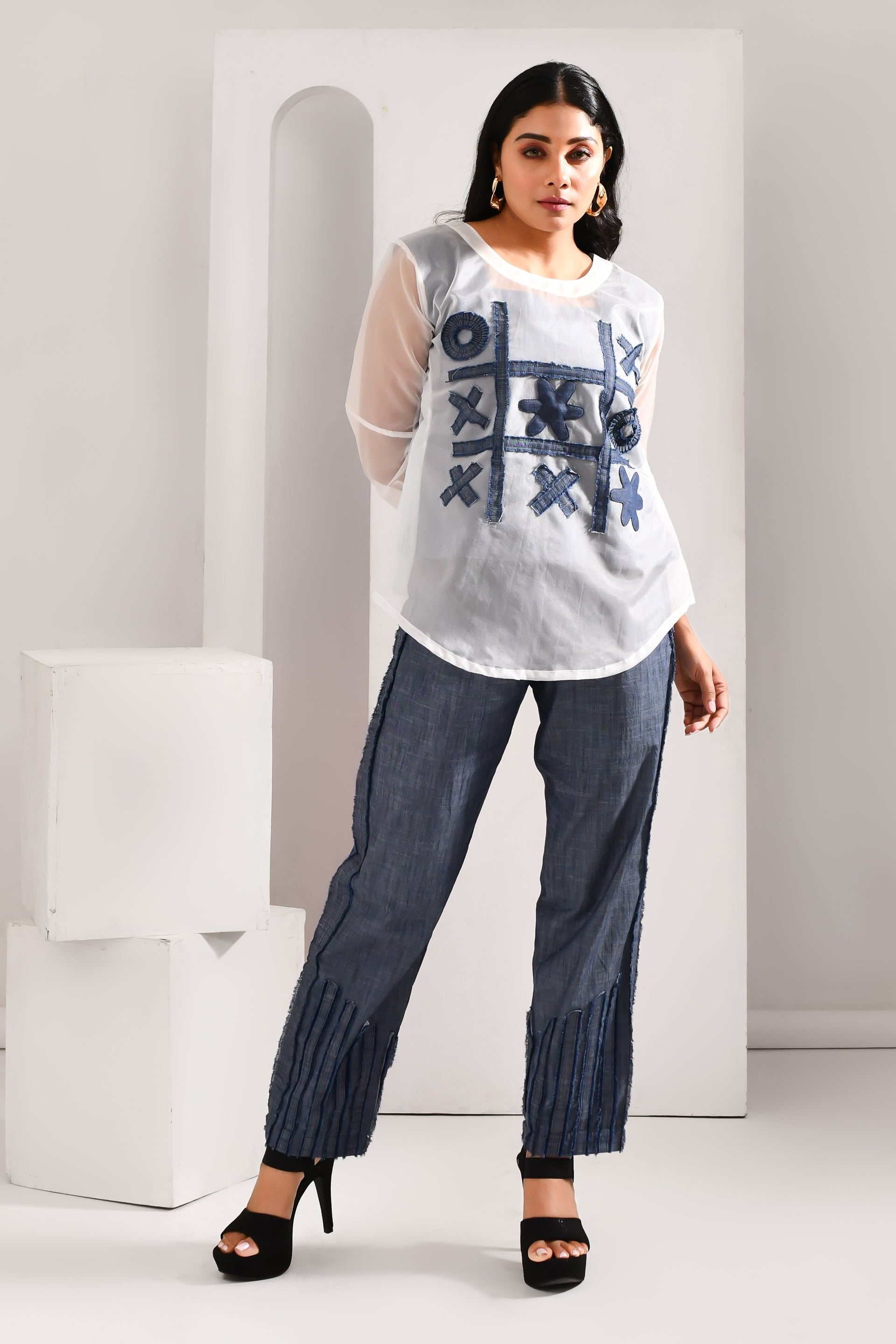 White & Blue Denim & Blended Cotton Co Ord Set - Golden Muslin