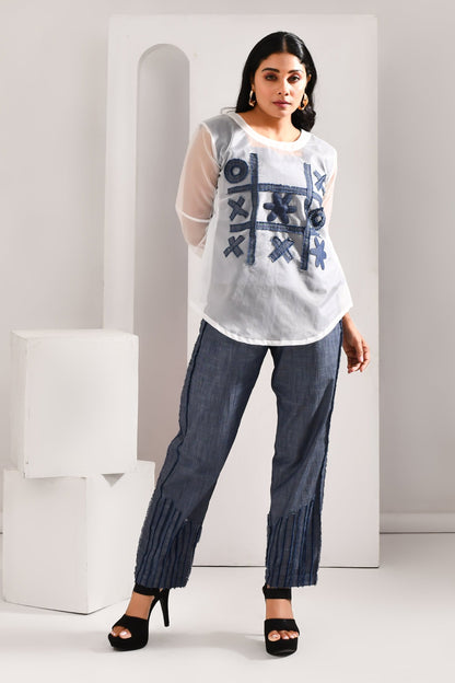 White & Blue Denim & Blended Cotton Co Ord Set - Golden Muslin