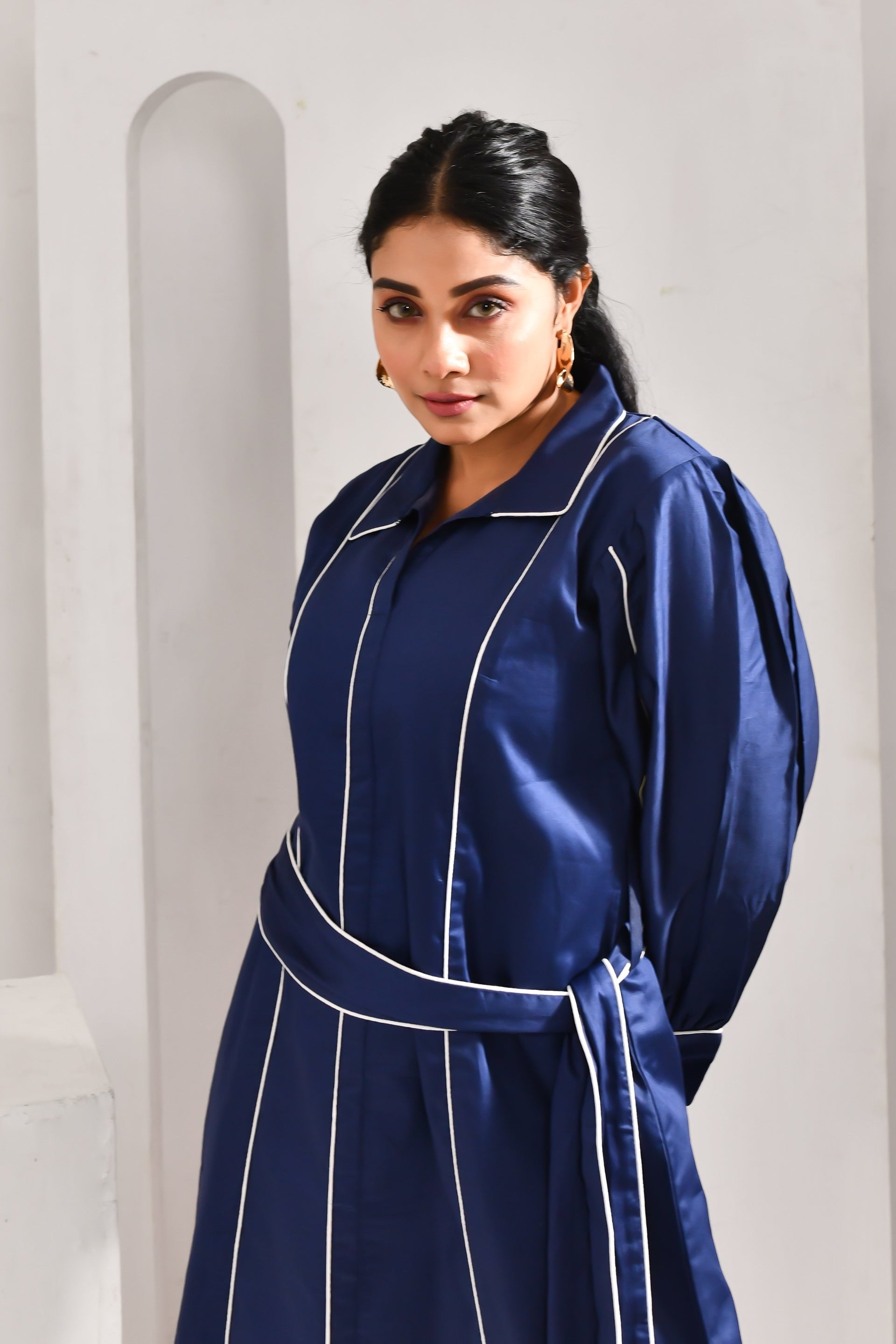 Navy Blue Blended Cotton Striped Dress - Golden Muslin