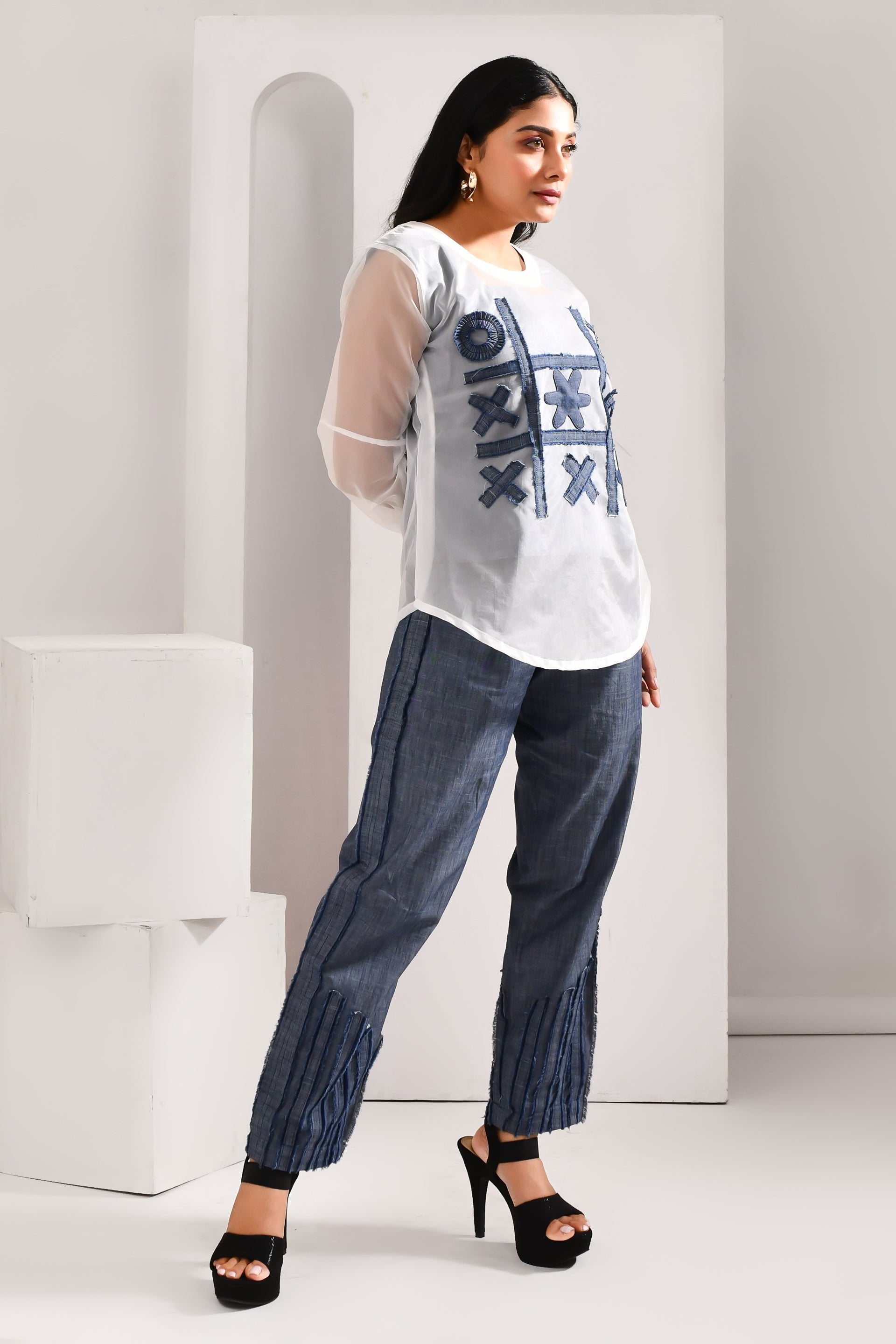 White & Blue Denim & Blended Cotton Co Ord Set - Golden Muslin