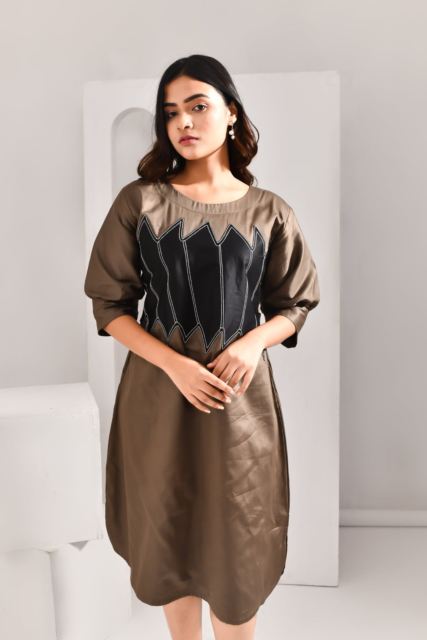 Captivating Khaki Brown & Black Blended Cotton Dress - Golden Muslin