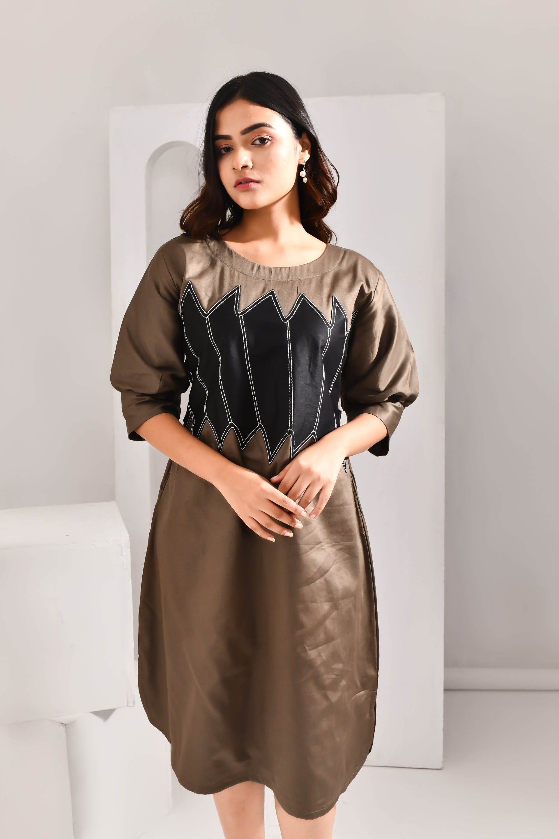 Captivating Khaki Brown & Black Blended Cotton Dress - Golden Muslin