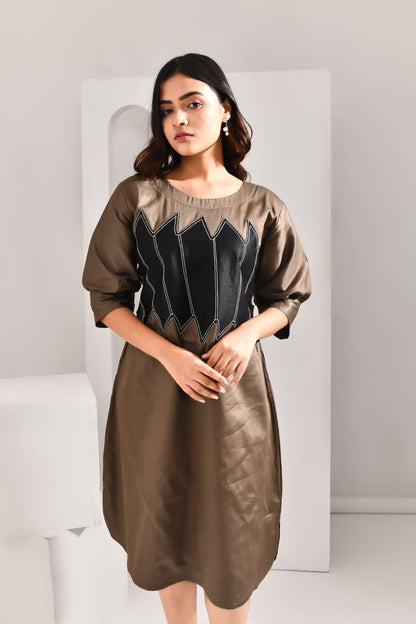 Captivating Khaki Brown & Black Blended Cotton Dress - Golden Muslin