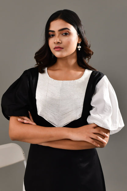 Black & White Blended Cotton Self Textured Dress - Golden Muslin