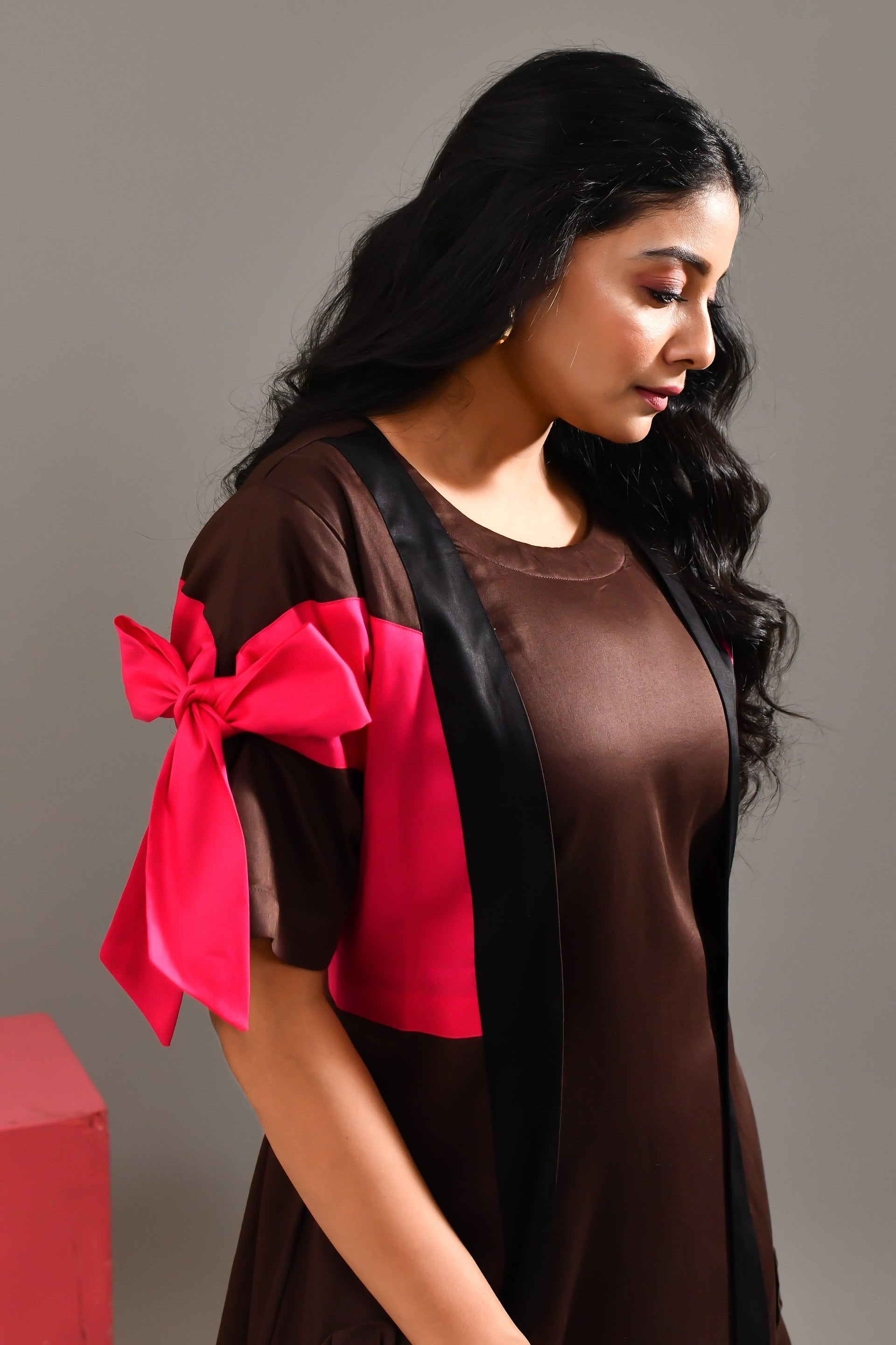 Chocolate Brown Blended Cotton Jacket Style Dress - Golden Muslin