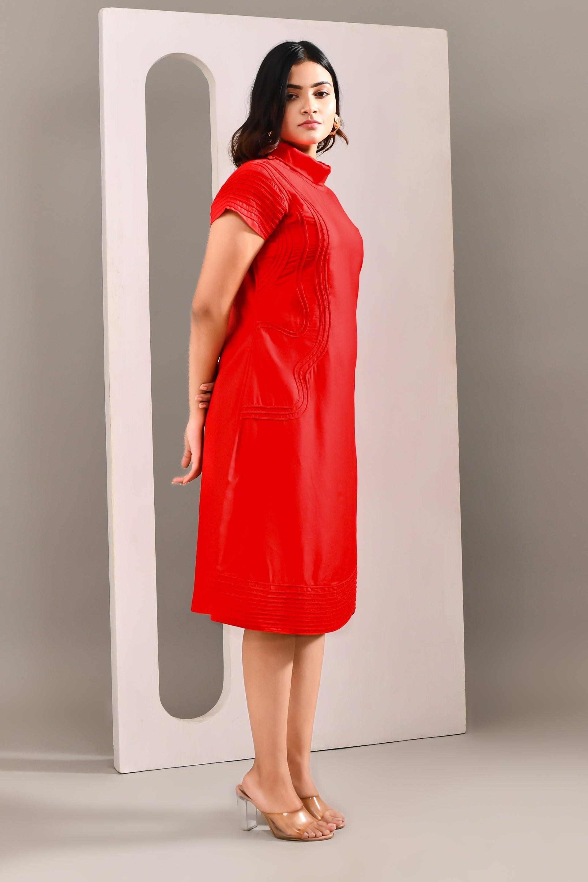 Cherry Red Blended Cotton Self Textured Dress - Golden Muslin
