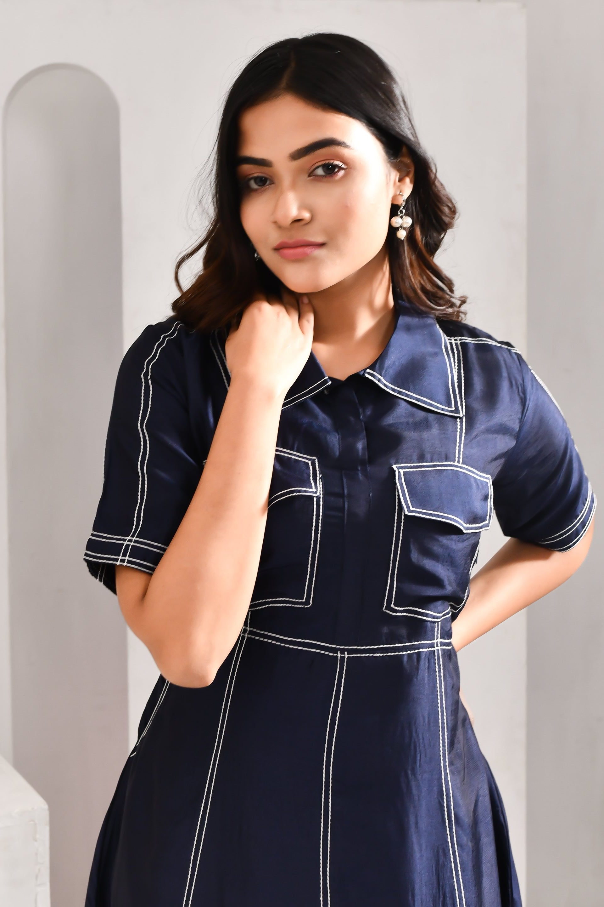 Deep Midnight Blue Blended Cotton Denim Textured Dress - Golden Muslin
