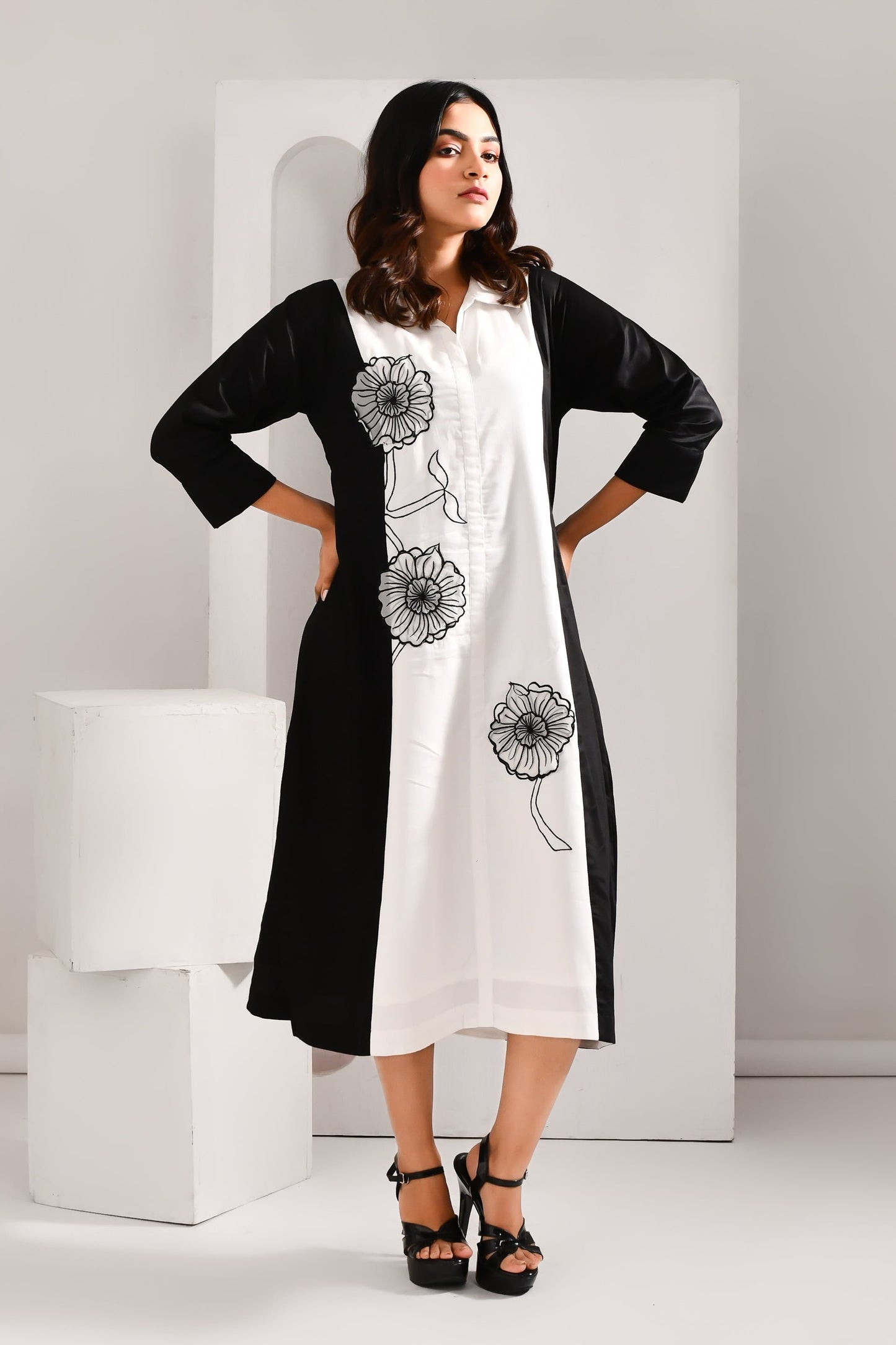 Black & White Blended Cotton Embroidered Flower Worked Dress - Golden Muslin