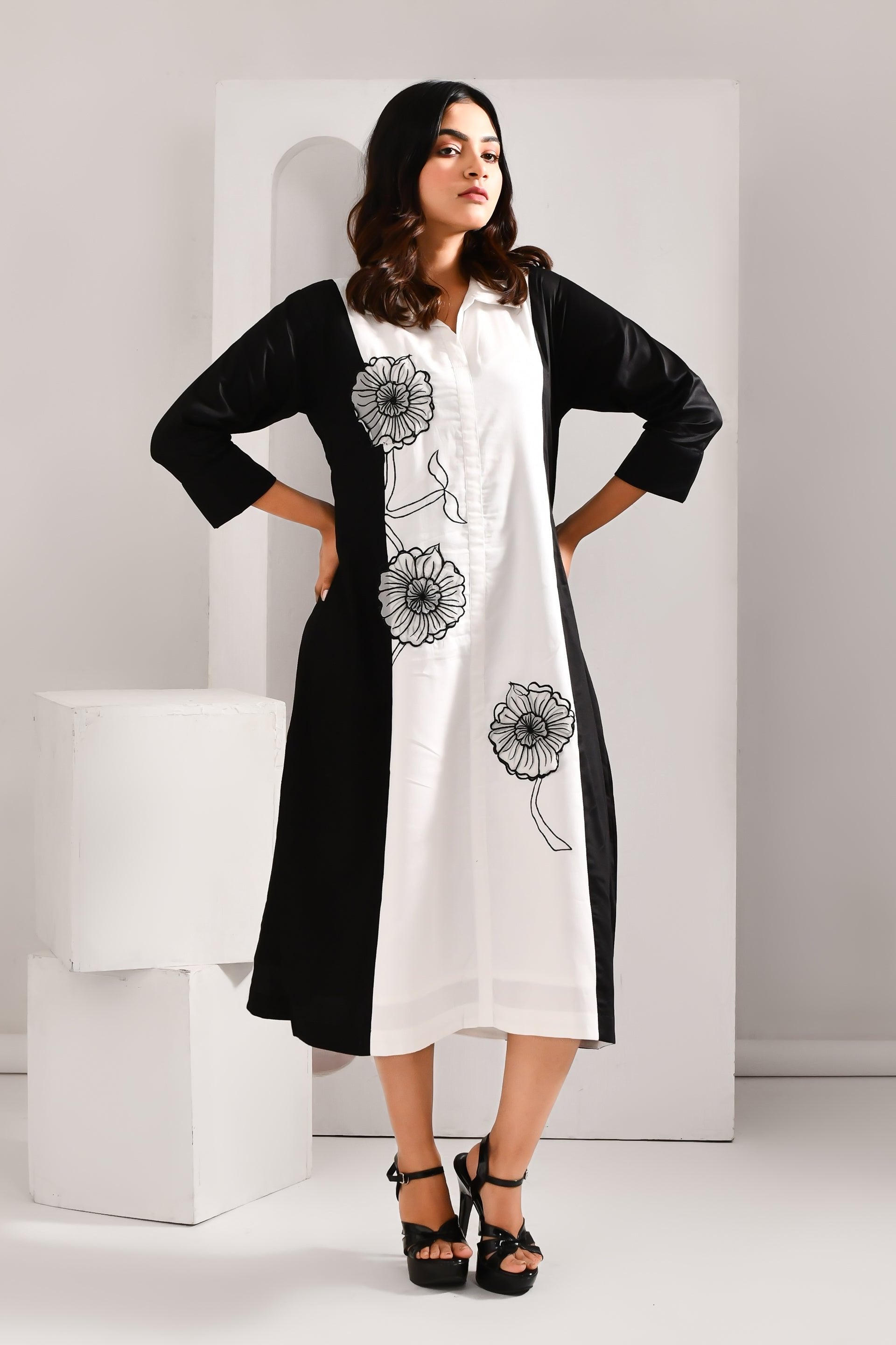 Black & White Blended Cotton Embroidered Flower Worked Dress - Golden Muslin