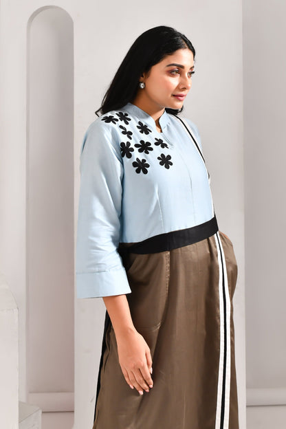Light Blue & Mud Brown Blended Cotton Dual Structured Dress - Golden Muslin