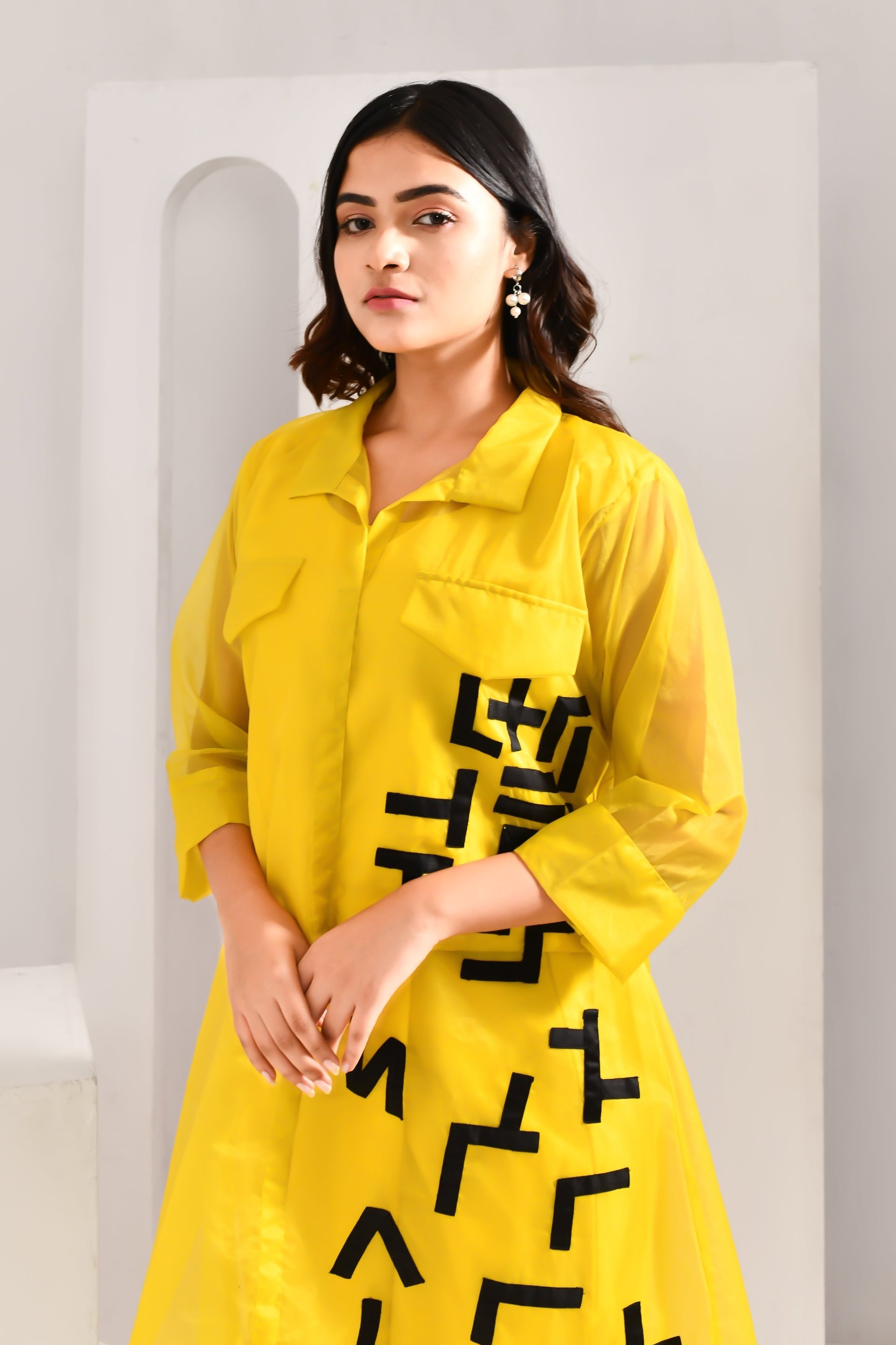 Yellow and Black Blended Cotton and Organza Co Ord Set - Golden Muslin