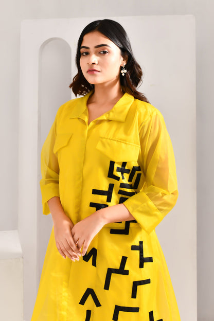 Yellow and Black Blended Cotton and Organza Co Ord Set - Golden Muslin