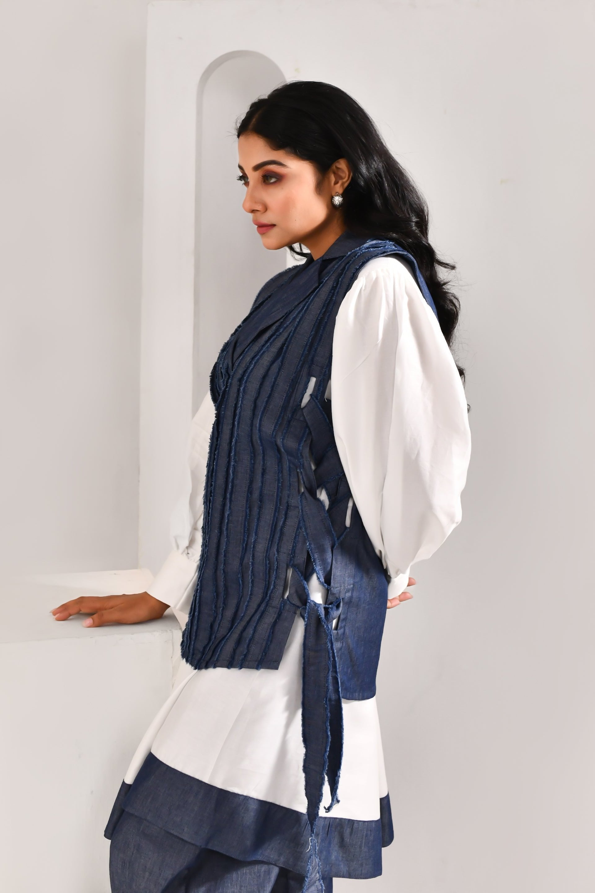 Denim Blue & White Blended Cotton & Organza Co Ord Set - Golden Muslin