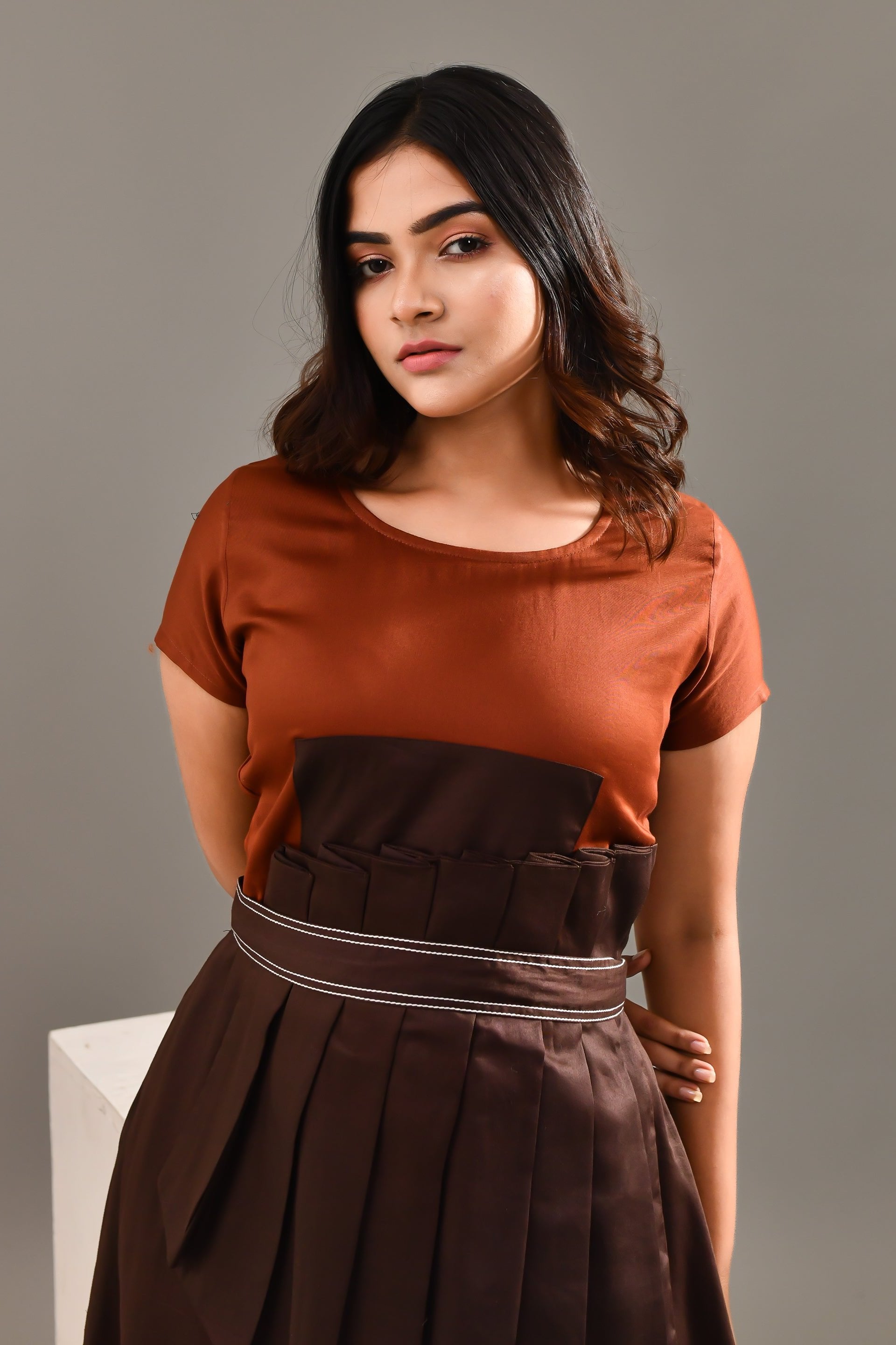 Rust & Brown Blended Cotton Self Textured Dress - Golden Muslin