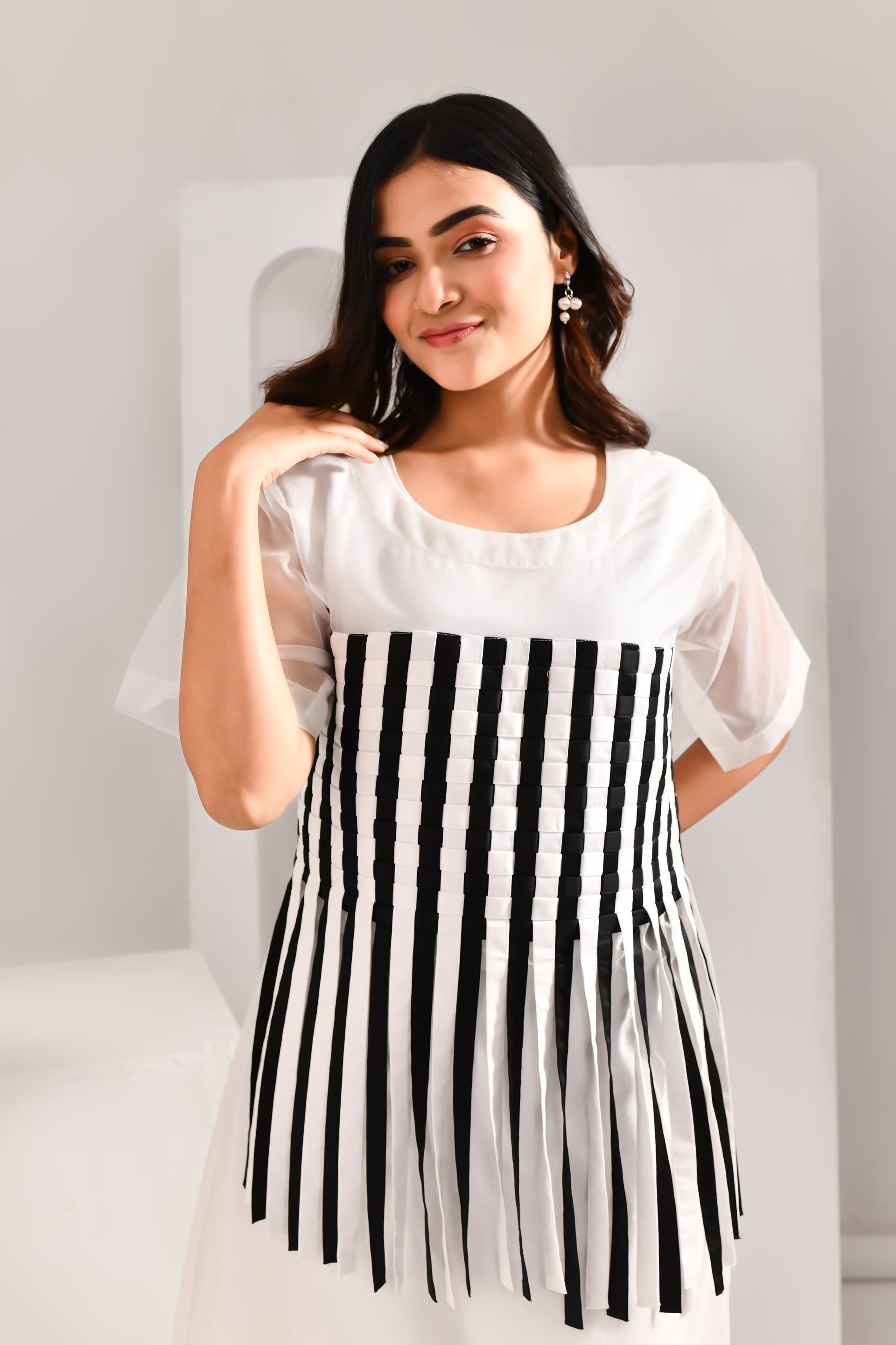 White & Black Blended Cotton & Organza Striped Dress - Golden Muslin
