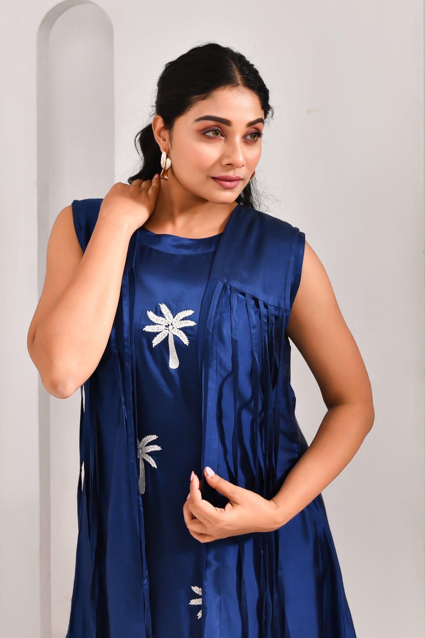 Royal Blue Blended Cotton and Organza Tree Embroidered Dress - Golden Muslin