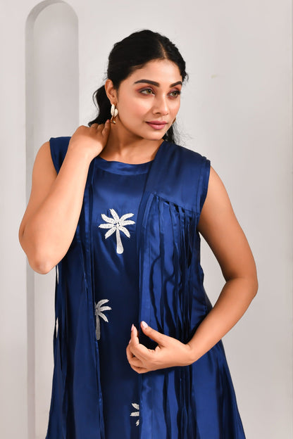 Royal Blue Blended Cotton and Organza Tree Embroidered Dress - Golden Muslin