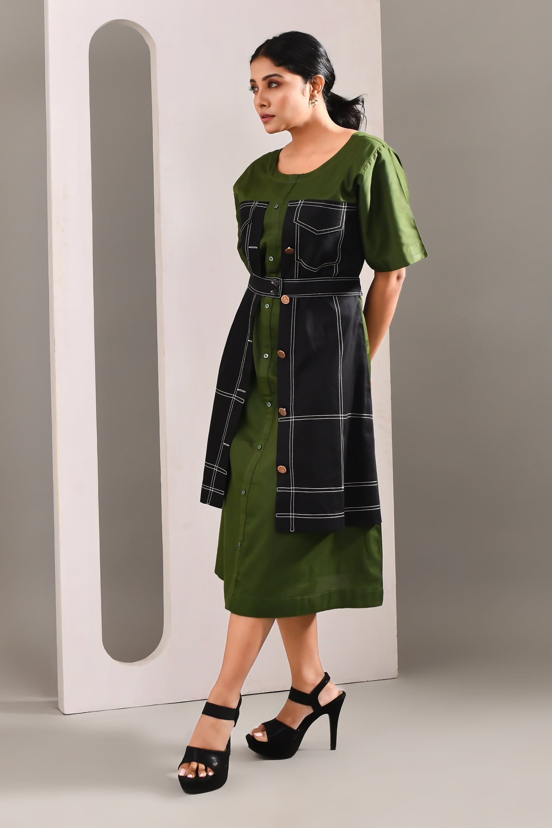 Olive Green & Black Denim Style Blended Cotton Dress - Golden Muslin