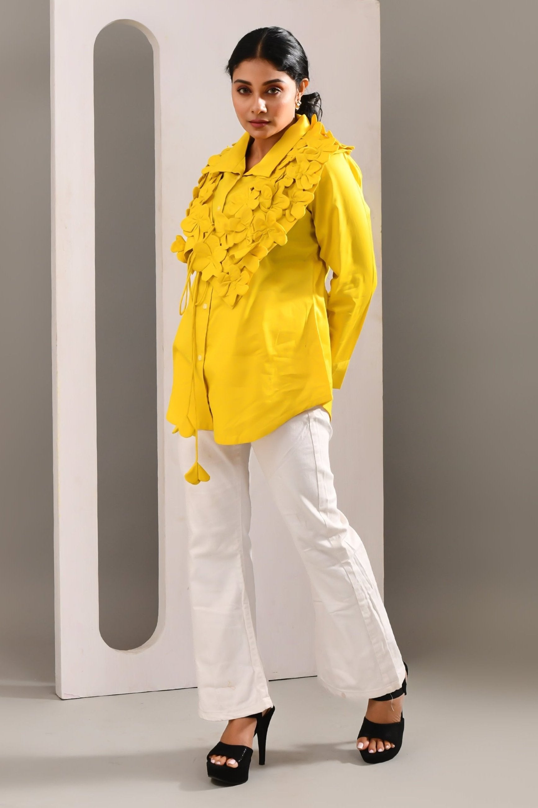 Vibrant Yellow Flower Worked Blended Cotton Shirt - Golden Muslin