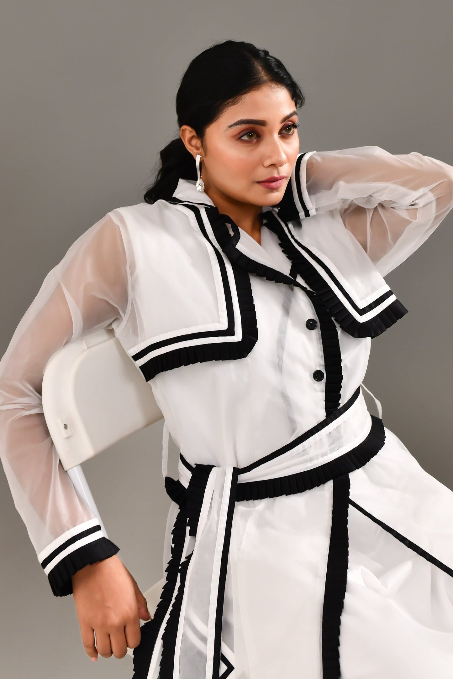 White & Black Blended Cotton & Organza Jacket Style Stylish Dress - Golden Muslin