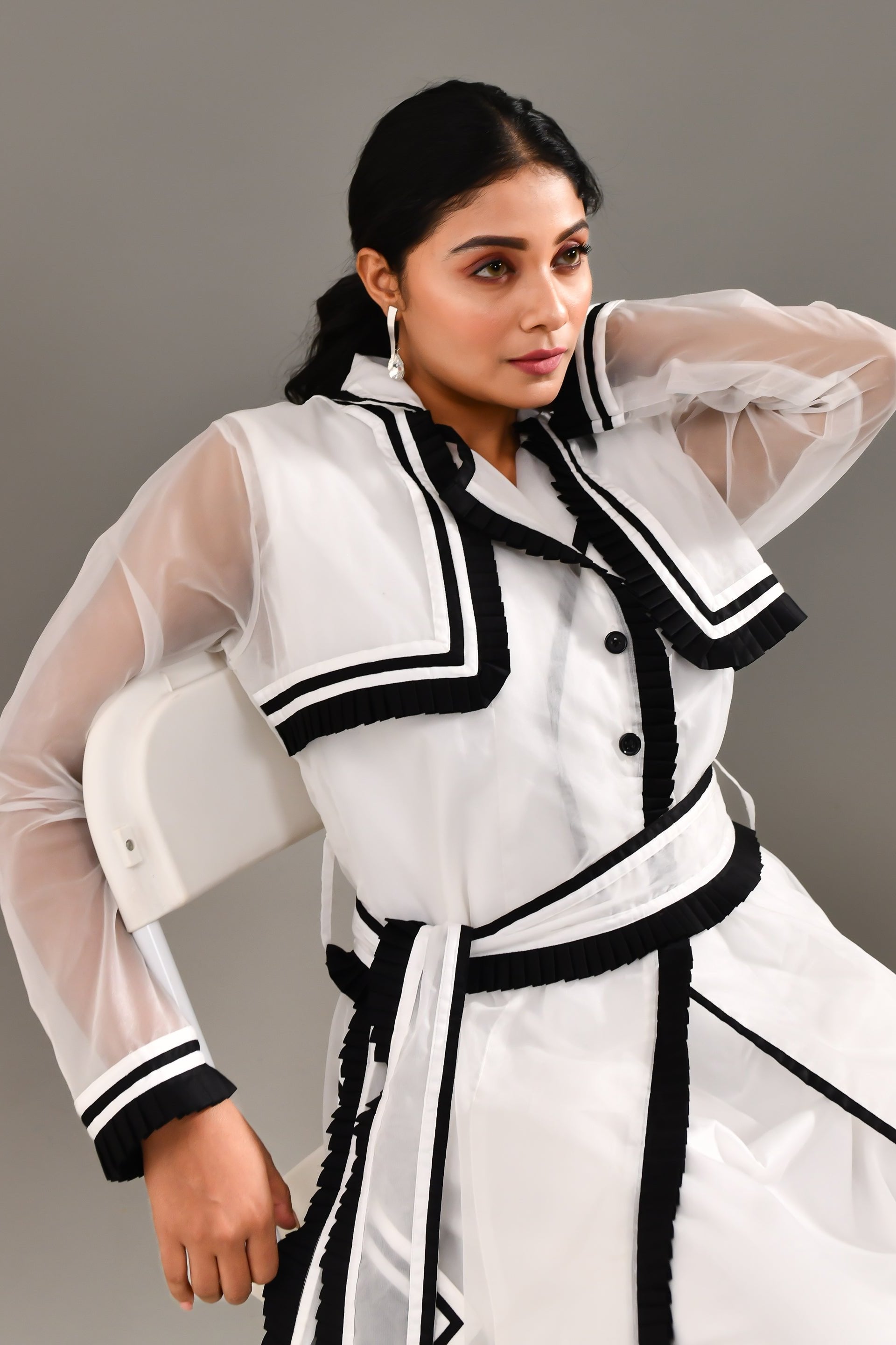White & Black Blended Cotton & Organza Jacket Style Stylish Dress - Golden Muslin