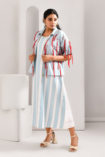 Powder Blue & White Blended Cotton Jacket Style Dress - Golden Muslin
