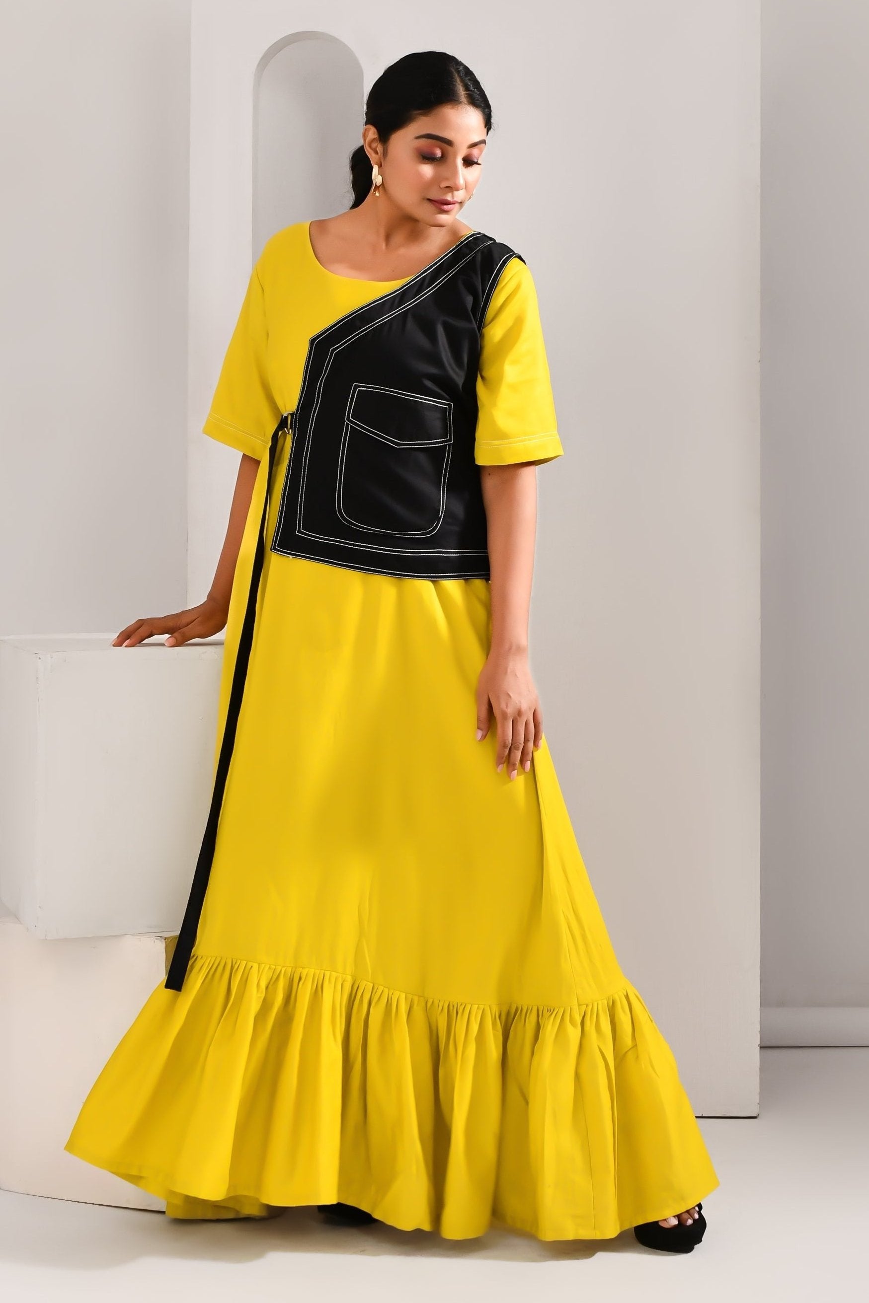 Golden Yellow & Black Jacket Style Blended Cotton Maxi Dress - Golden Muslin