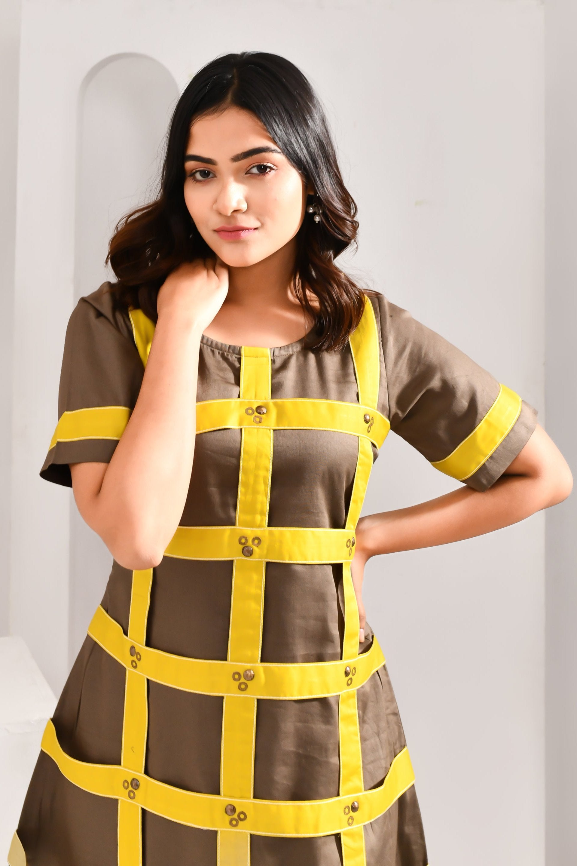 Biscuit Brown Blended Cotton Contrasting Dress - Golden Muslin