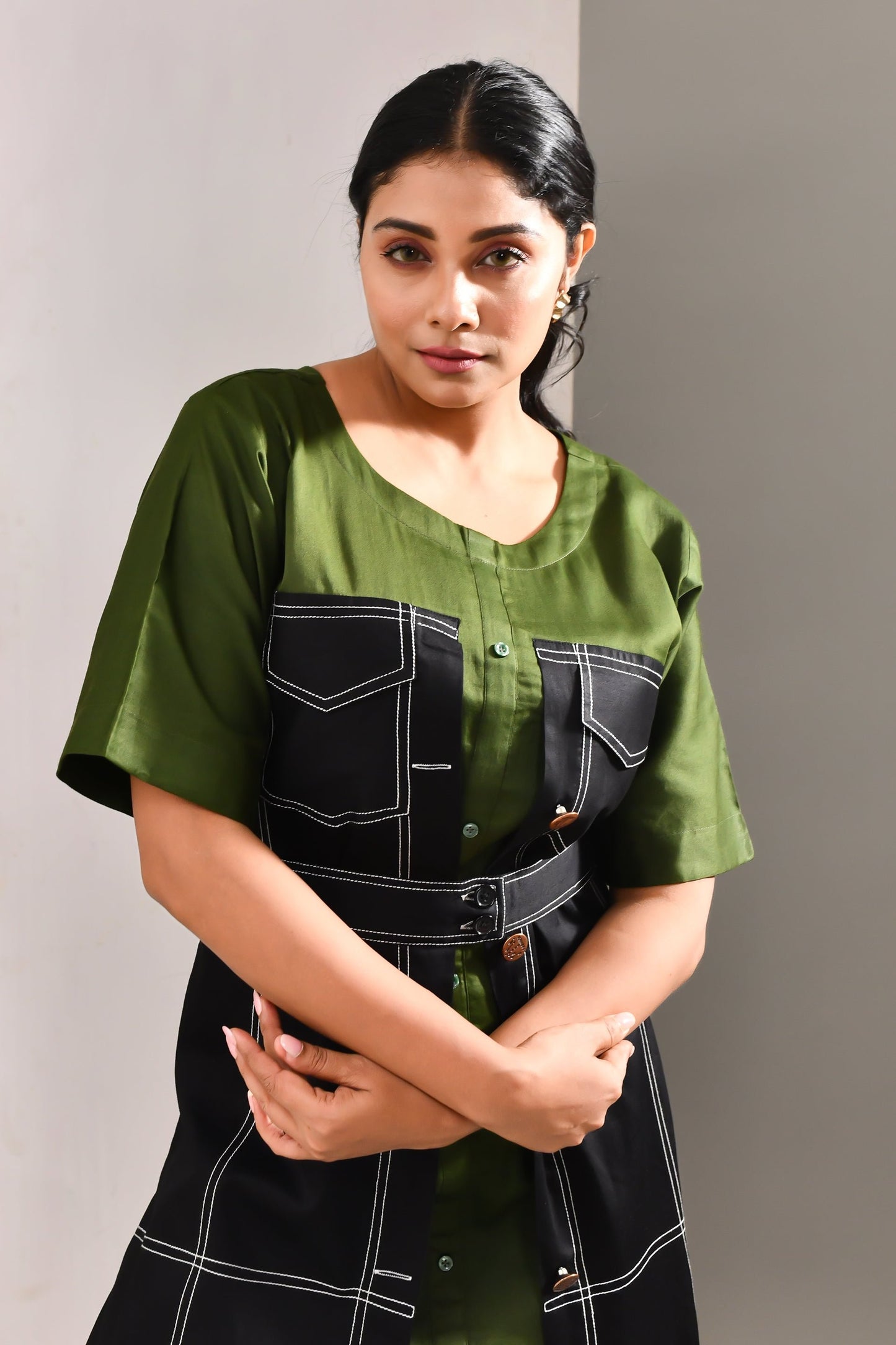 Olive Green & Black Denim Style Blended Cotton Dress - Golden Muslin