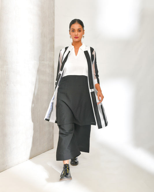 Black And White Cotton And Organza Jacket Co-ord Set