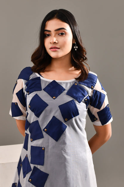 Grey & Blue Blended Cotton & Organza Geometric Patterned Dress - Golden Muslin