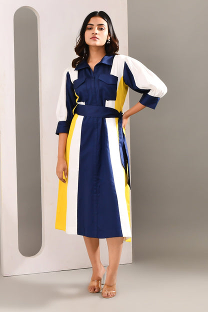 Multicolored Blended Cotton Self Textured Dress - Golden Muslin