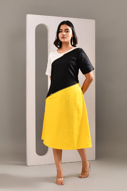 Multicolored Blended Cotton Solid Textured Dress - Golden Muslin