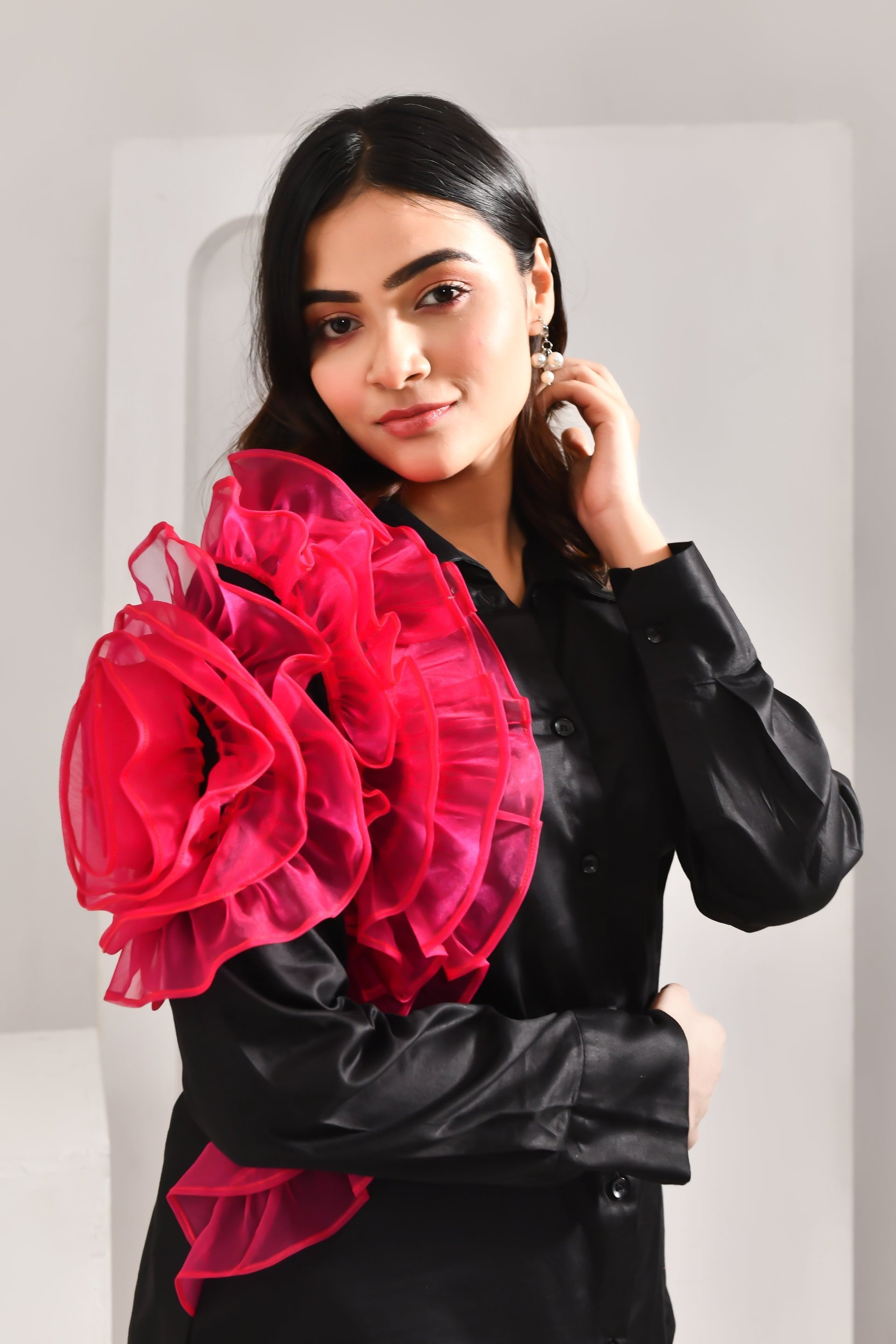 Black and Pink Flower Textured Blended Cotton Shirt - Golden Muslin