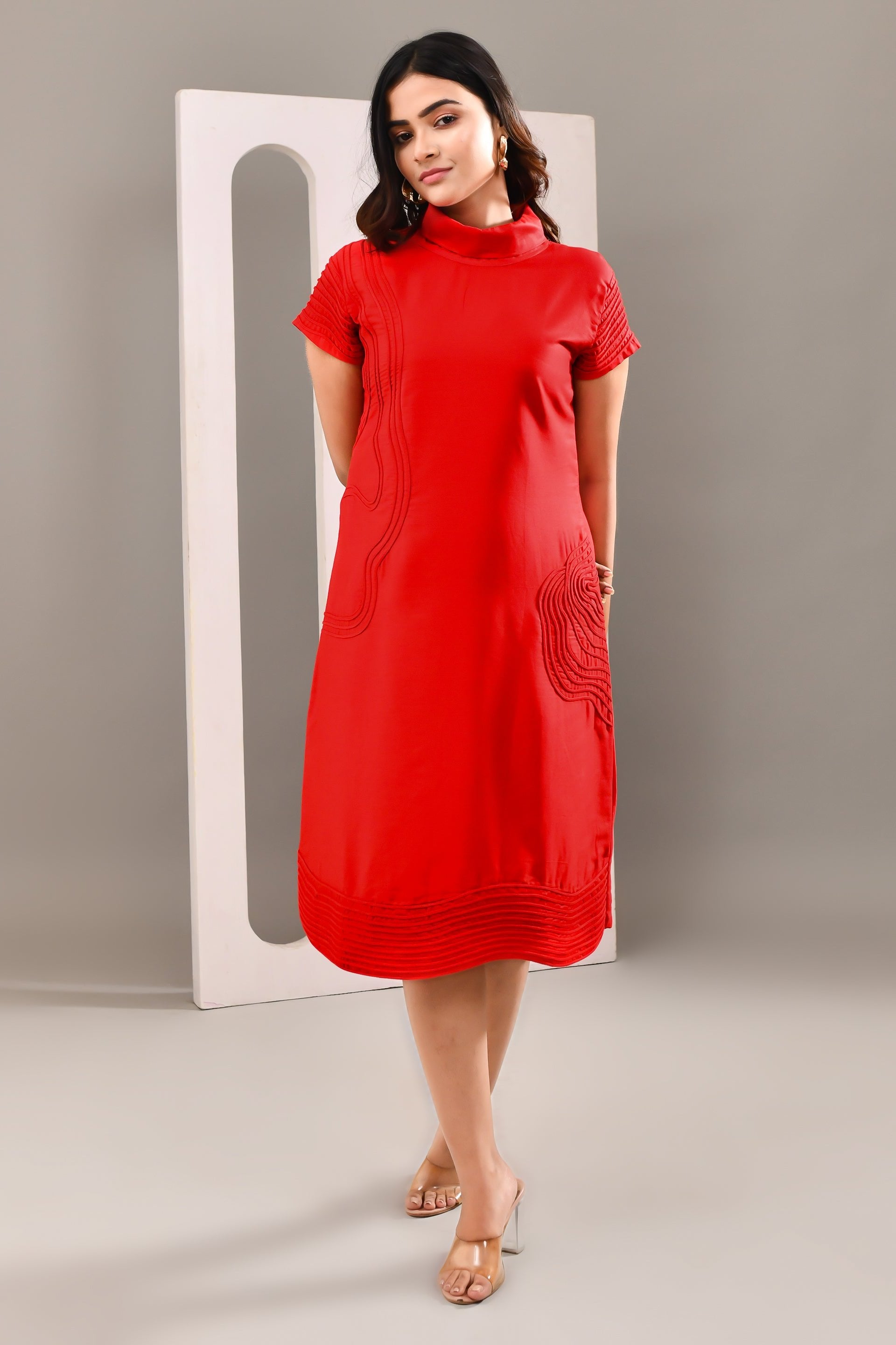 Cherry Red Blended Cotton Self Textured Dress - Golden Muslin