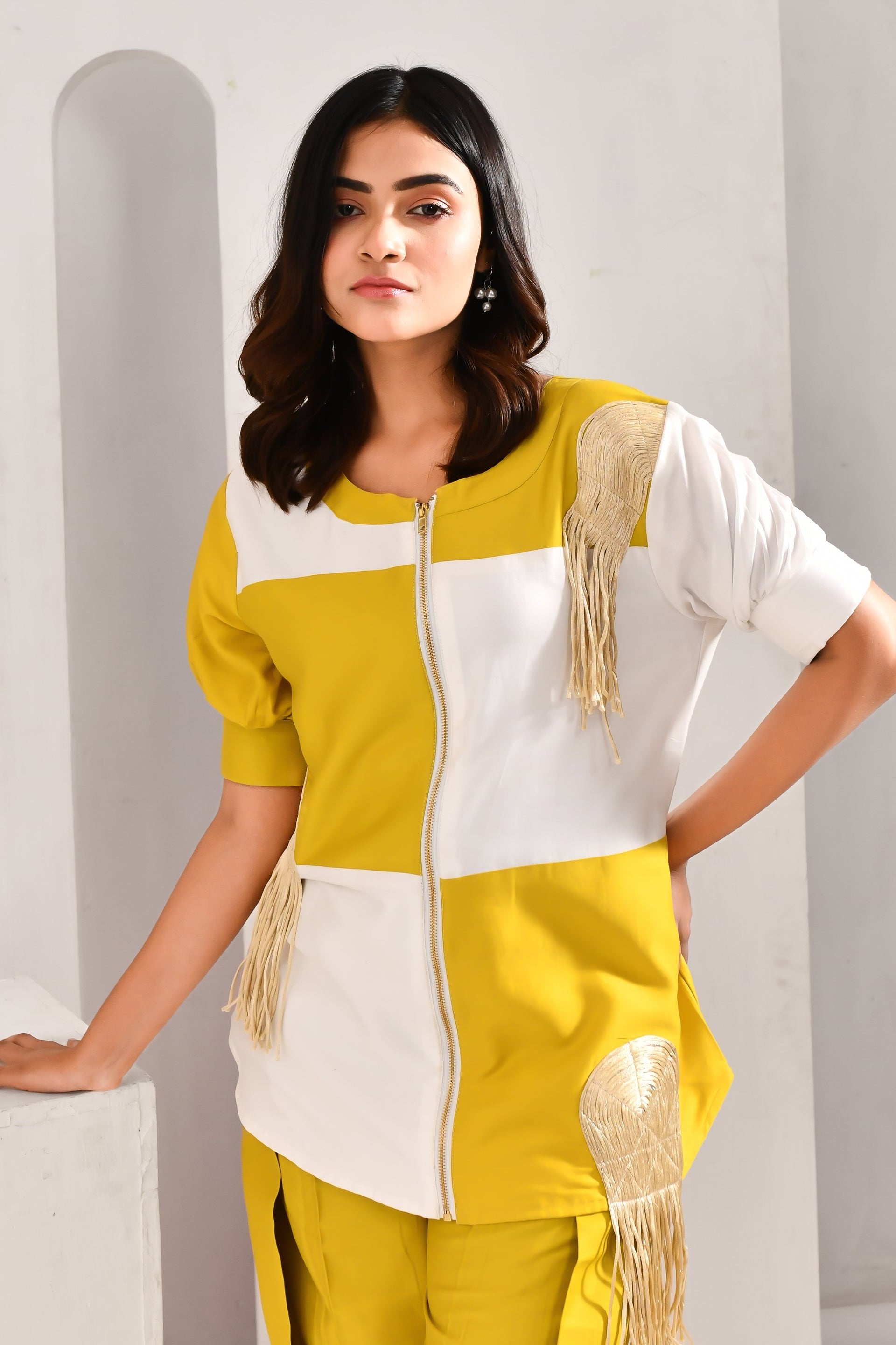 Greenish Yellow Blended Cotton Applique Worked Co Ord Set - Golden Muslin