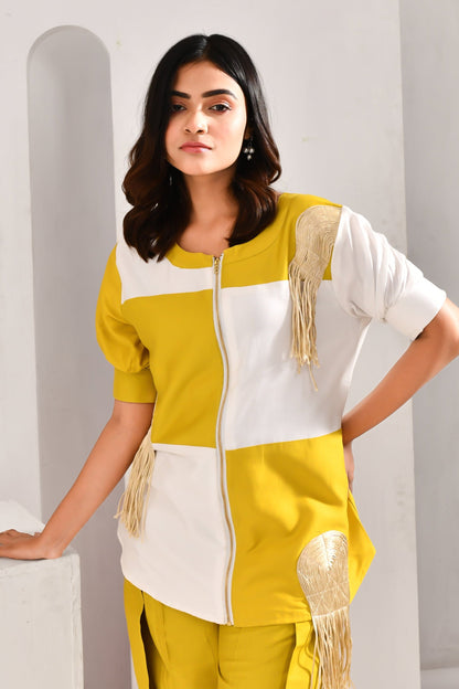 Greenish Yellow Blended Cotton Applique Worked Co Ord Set - Golden Muslin