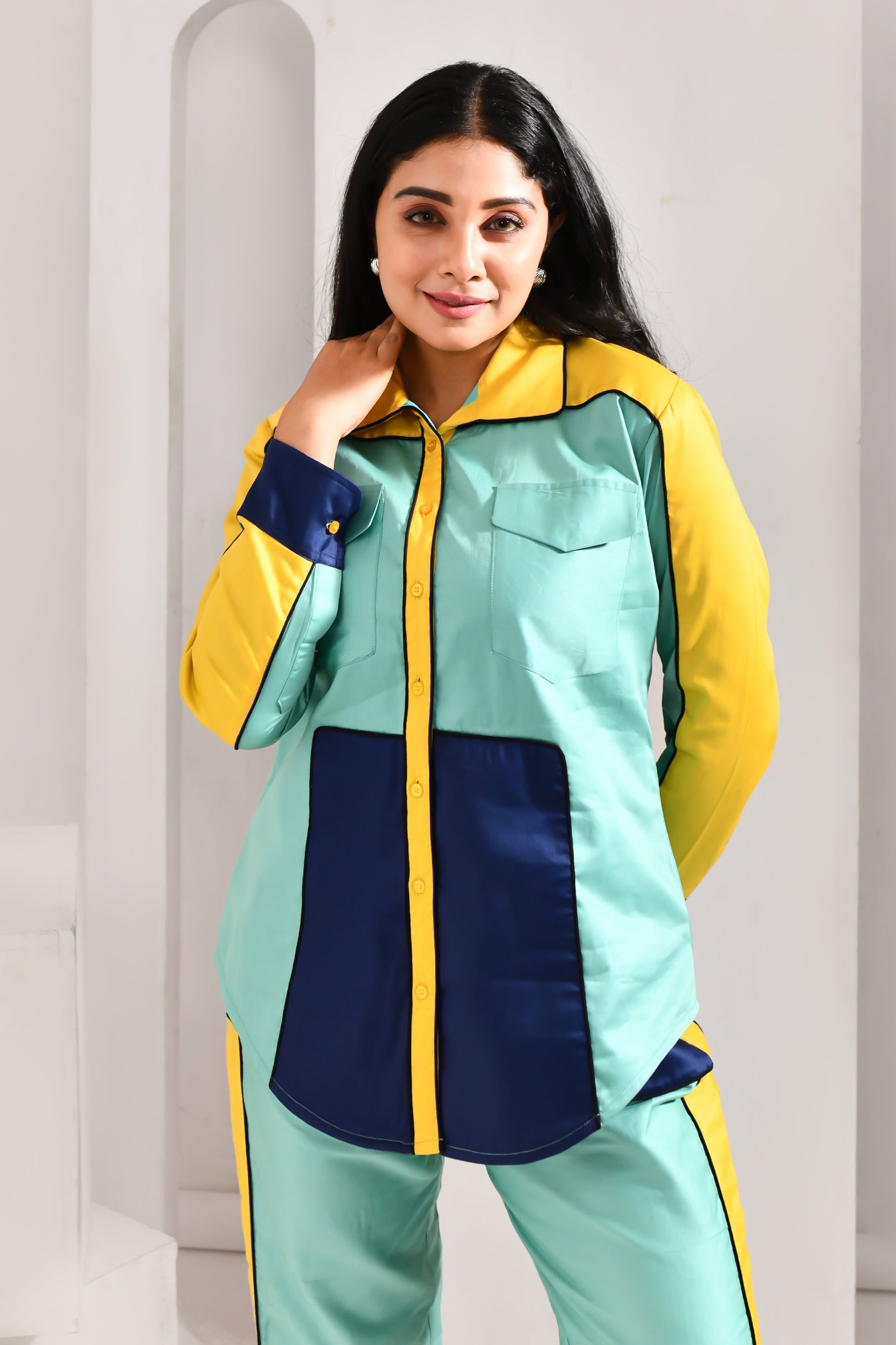 Multicolored Blended Cotton Elegant Co Ord Set - Golden Muslin