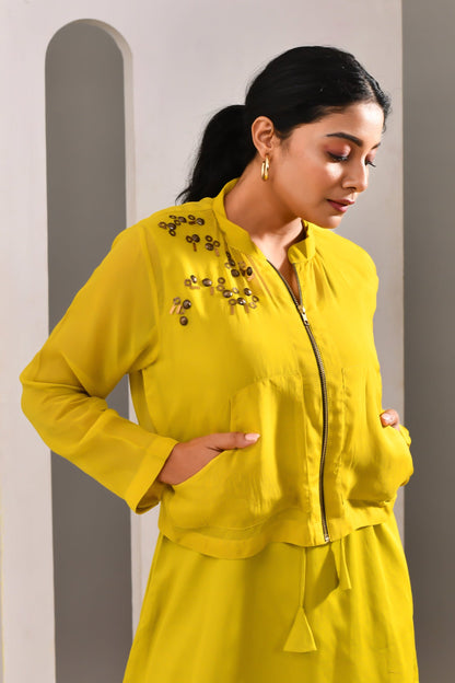 Deep Lime Green Blended Cotton and Organza Co Ord Set - Golden Muslin
