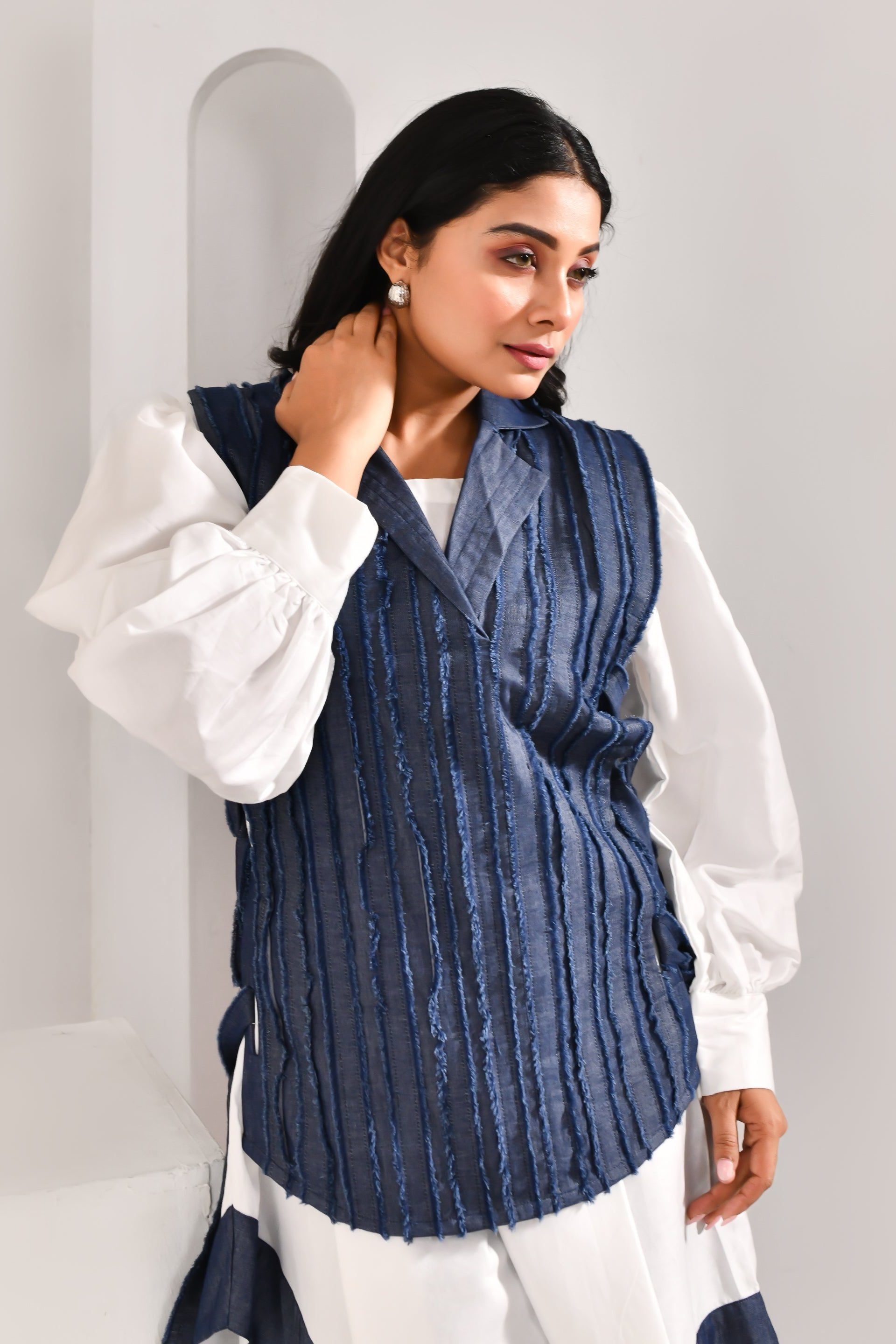 Denim Blue & White Blended Cotton & Organza Co Ord Set - Golden Muslin