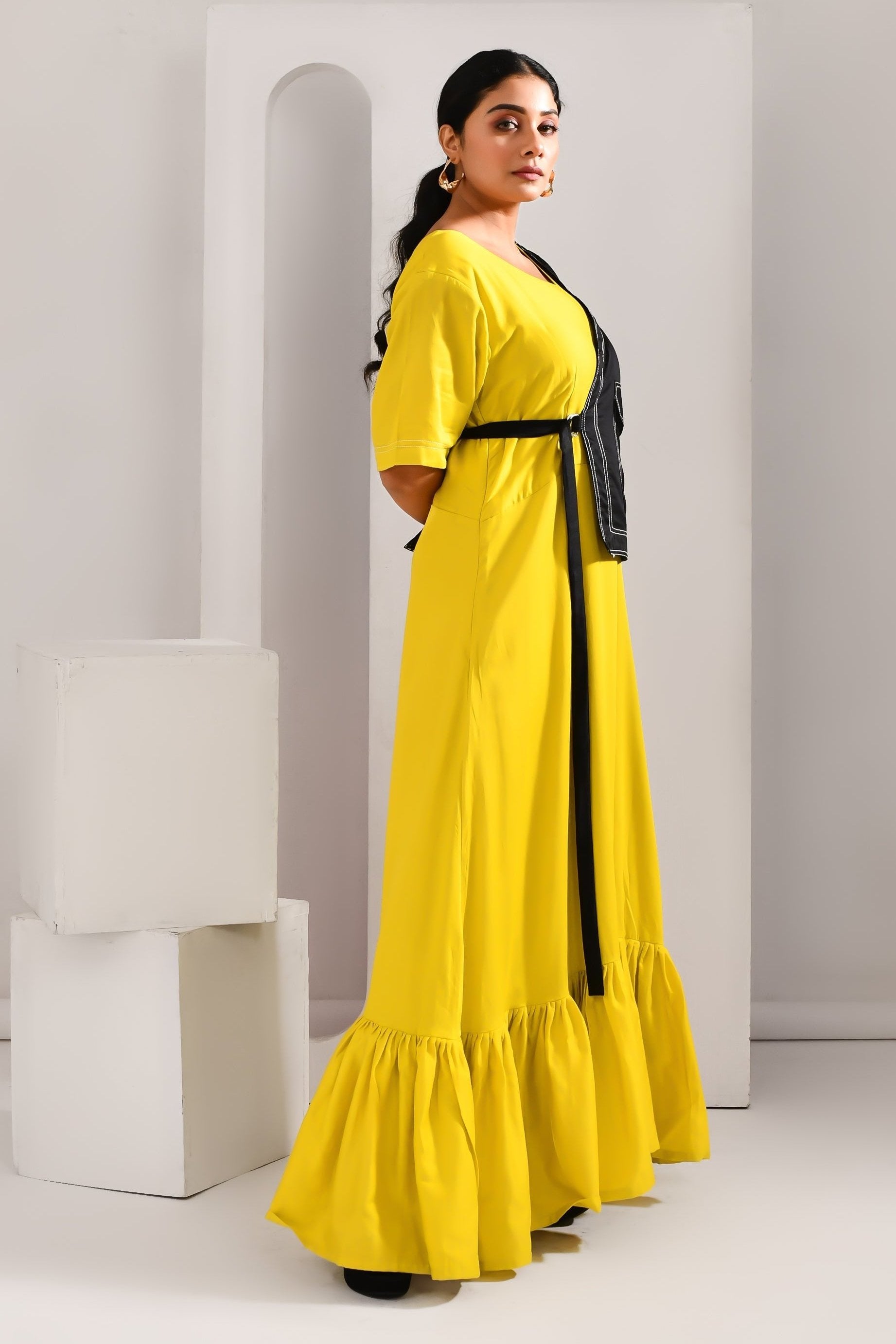 Golden Yellow & Black Jacket Style Blended Cotton Maxi Dress - Golden Muslin