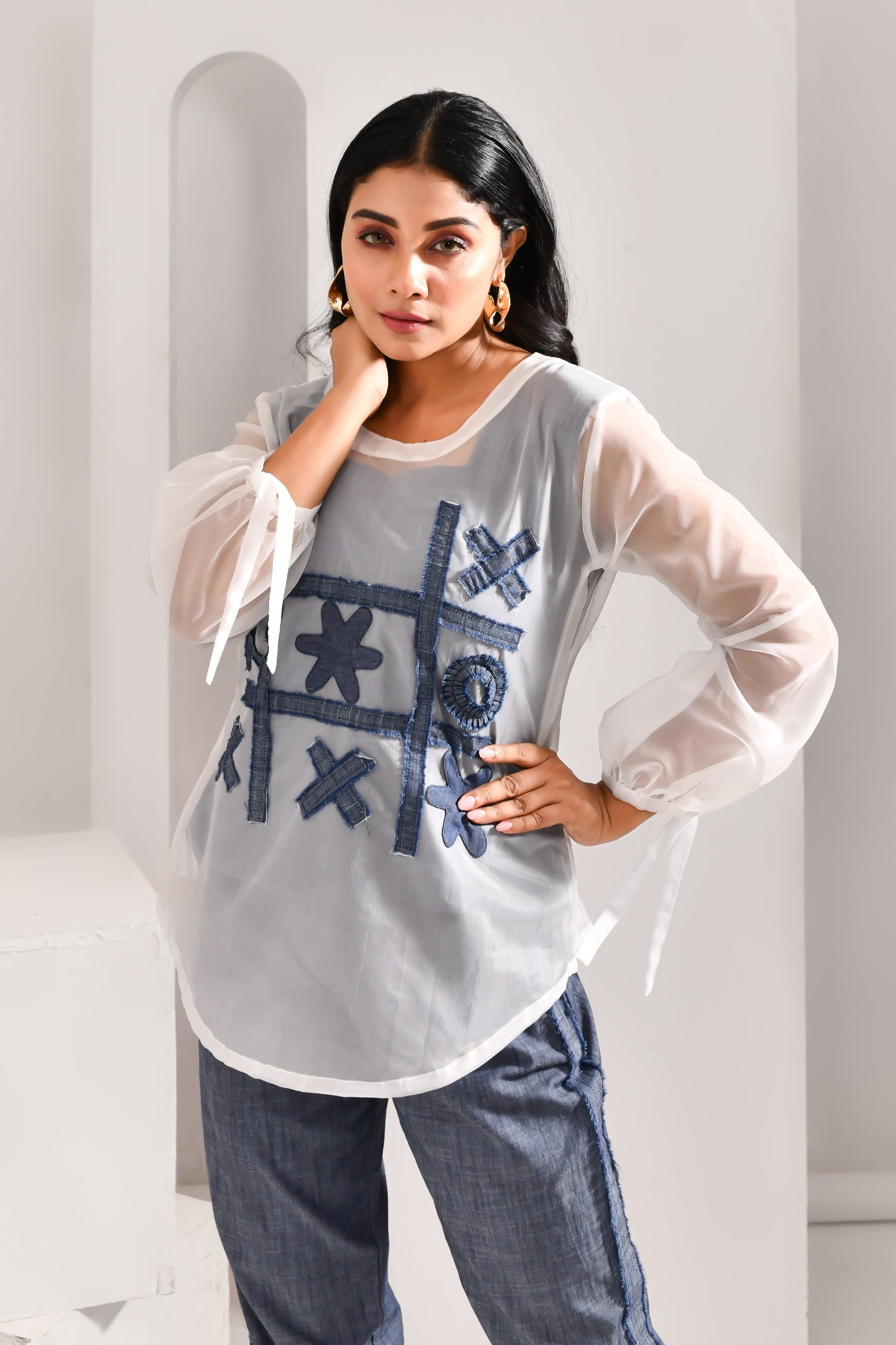 White & Blue Denim & Blended Cotton Co Ord Set - Golden Muslin