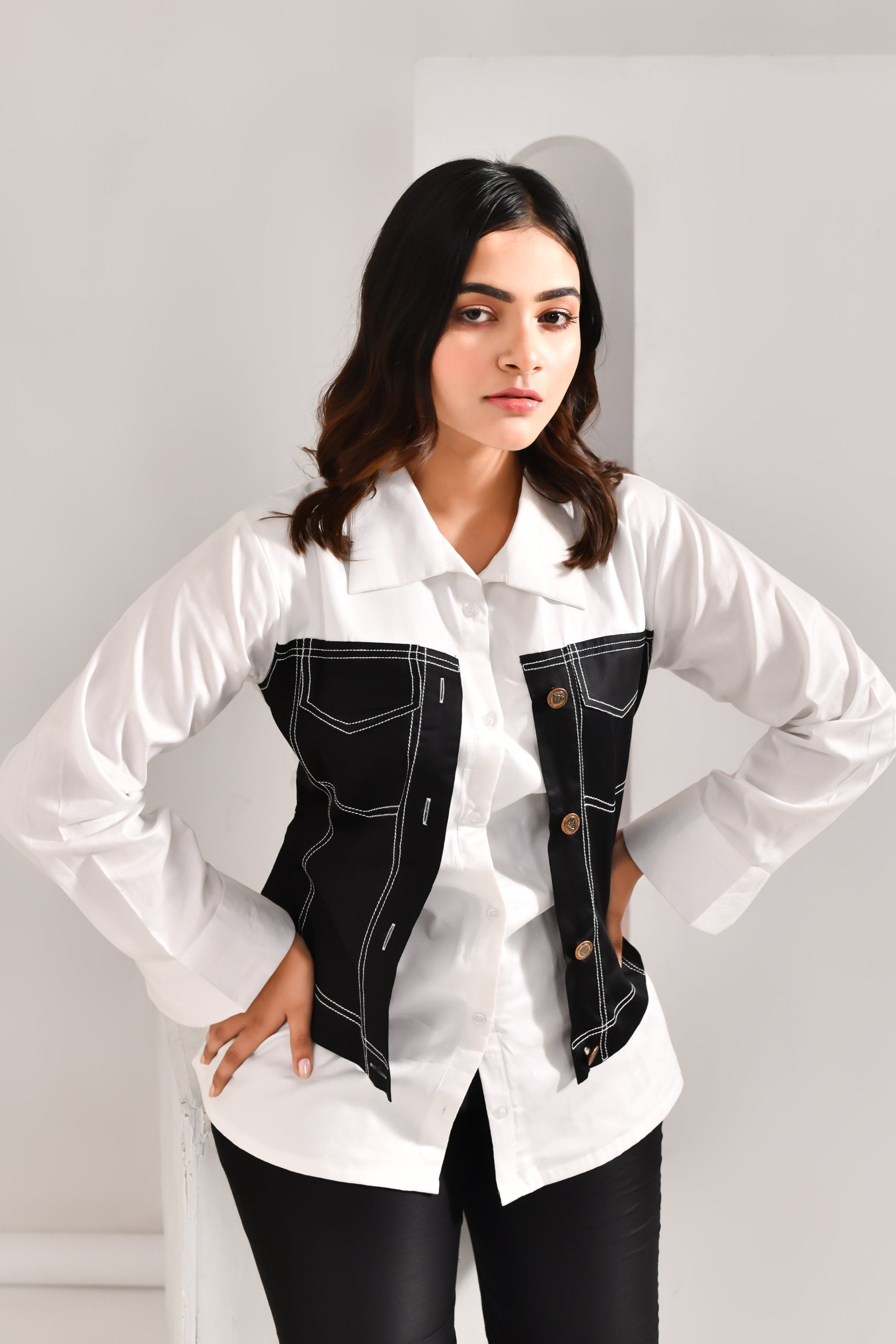 White & Black Denim Style Blended Cotton Shirt - Golden Muslin
