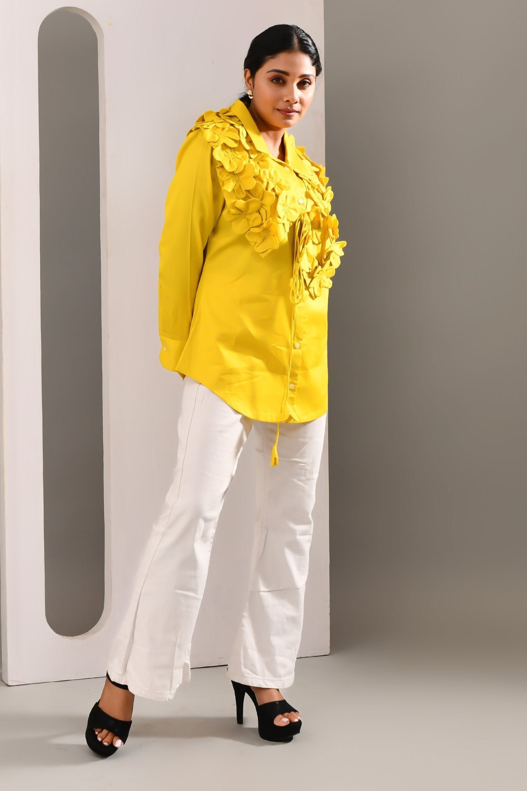 Vibrant Yellow Flower Worked Blended Cotton Shirt - Golden Muslin