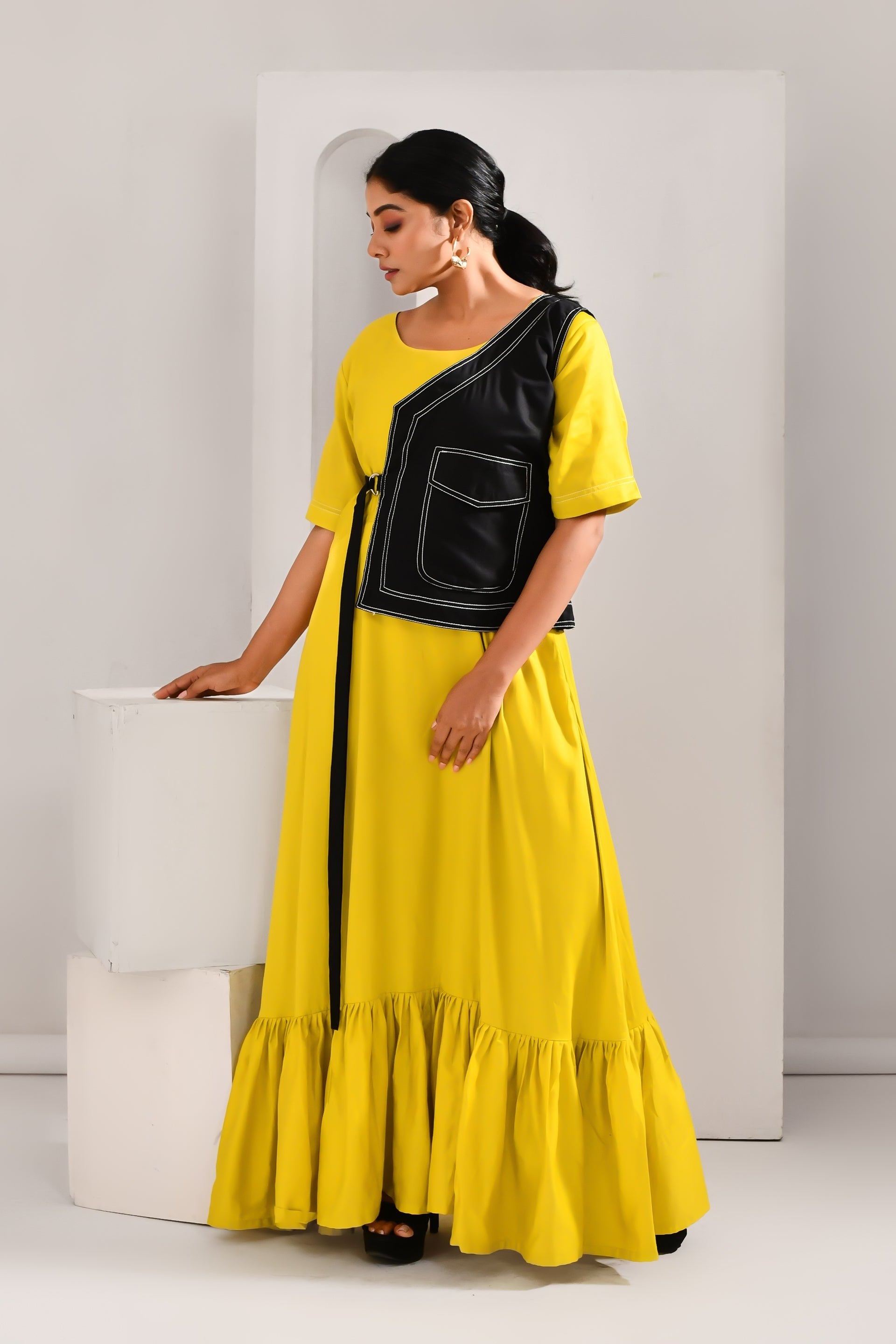 Golden Yellow & Black Jacket Style Blended Cotton Maxi Dress - Golden Muslin