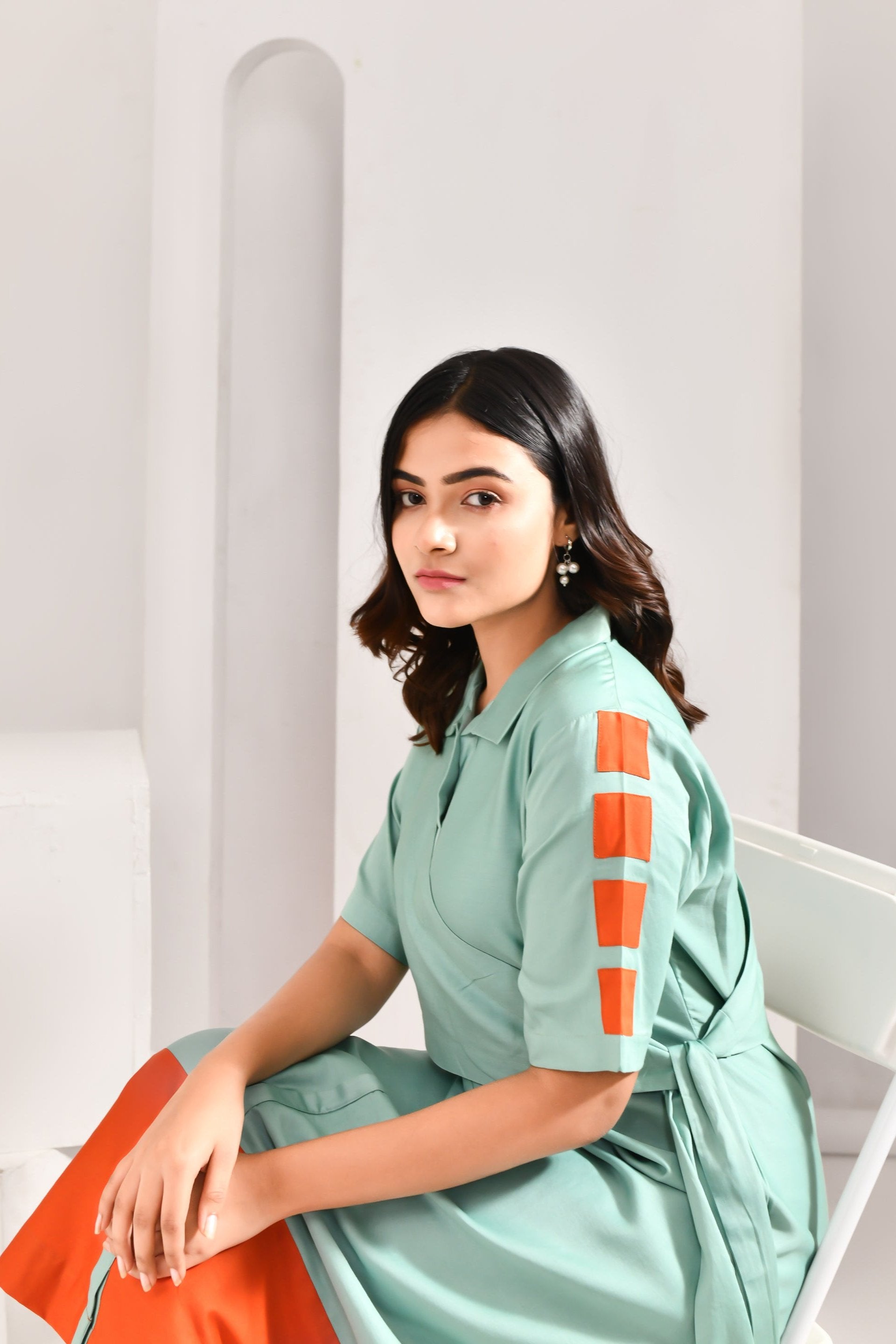 Light Blue & Orange Blended Cotton Solid Jacket Style Dress - Golden Muslin