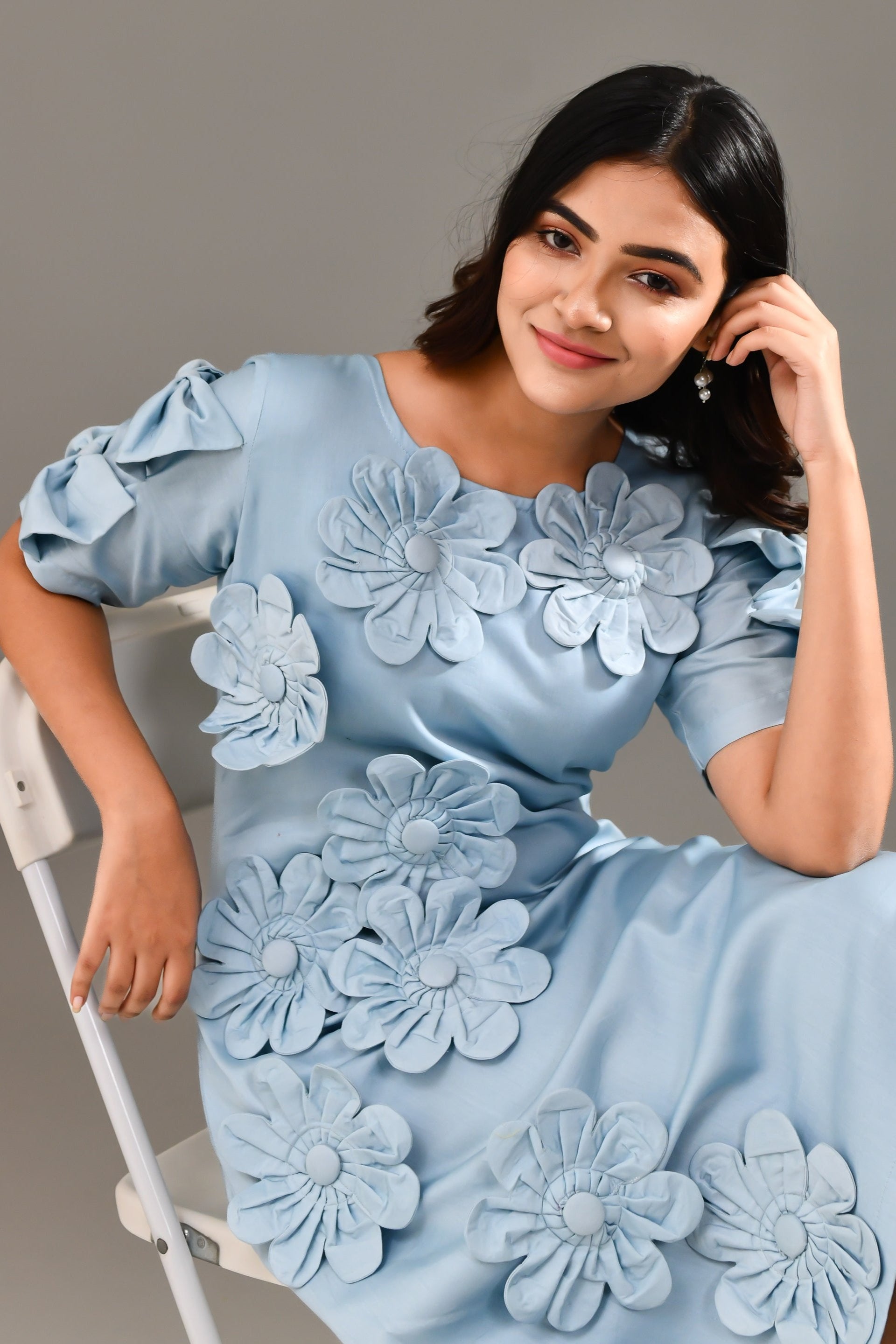 Sky Blue Flower Applique Worked Blended Cotton Dress - Golden Muslin