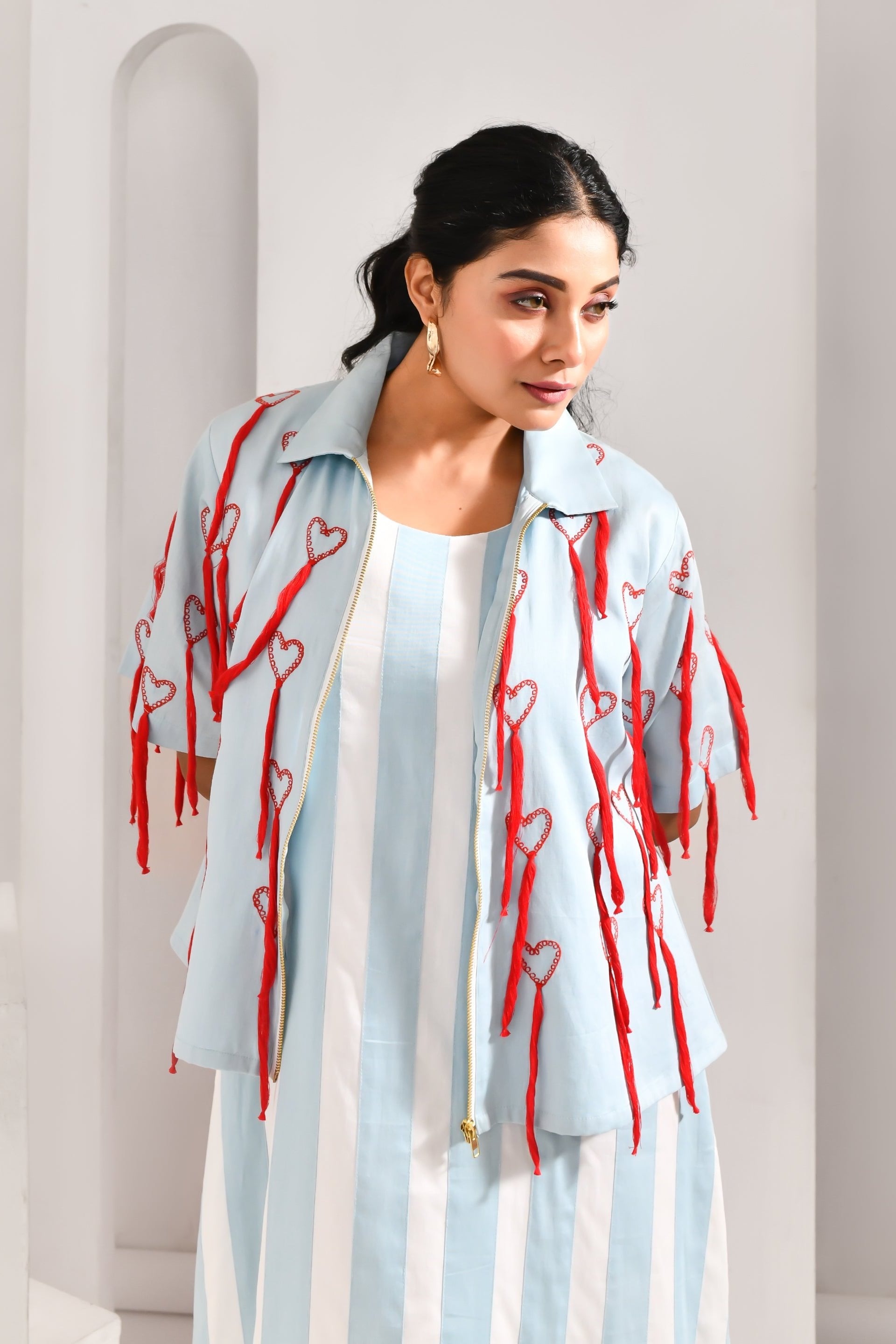 Powder Blue & White Blended Cotton Jacket Style Dress - Golden Muslin